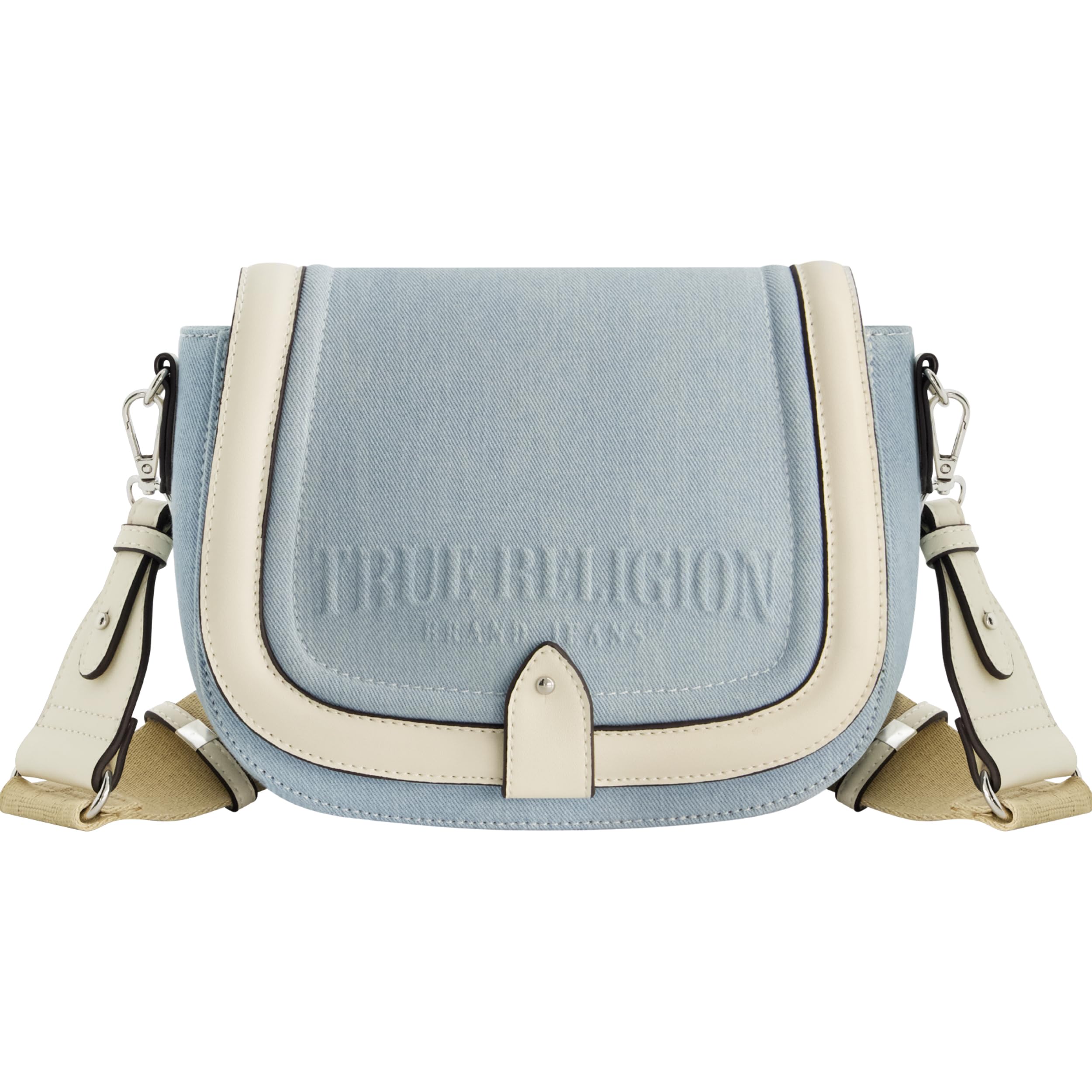 True Religion Saddle Bag, Women's Denim and Faux Leather Crossbody Purse with Adjustable Shoulder Strap, Light Blue, One Size