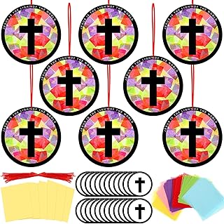 Motipuns 32 Sets Cross Suncatchers Craft Kits DIY Christian Religious Cross Tissue Paper Kit Sunday School Craft Kit Stained Glass Effect Tissue Paper for Easter Lent Resurrection VBS Window Art