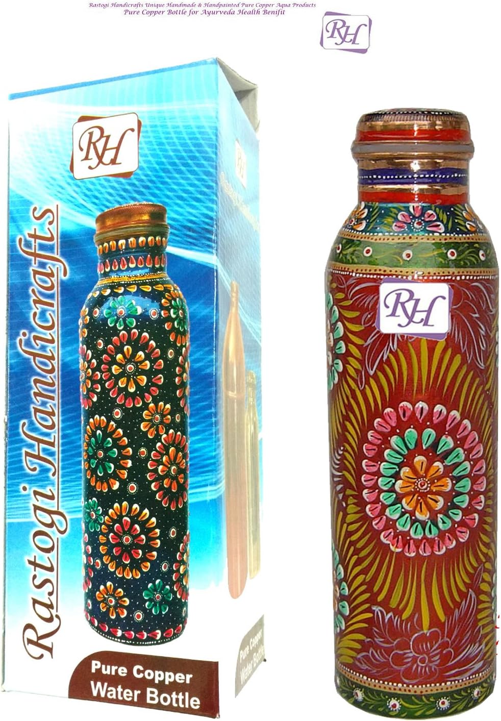 Rastogi Handicrafts Pure copper Hand painted bottle Red capacity 33oz / 950 ml for drinking water storage/yoga bottle