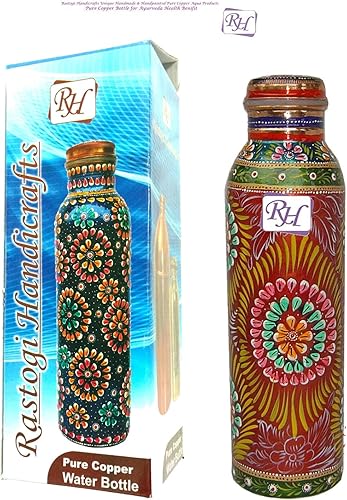 Miniatura 2 de Rastogi Handicrafts Botella de cobre puro pintado a mano de color rojo capacidad 33 oz  32.1 fl oz para almacenamiento de agua potablebotella de yoga