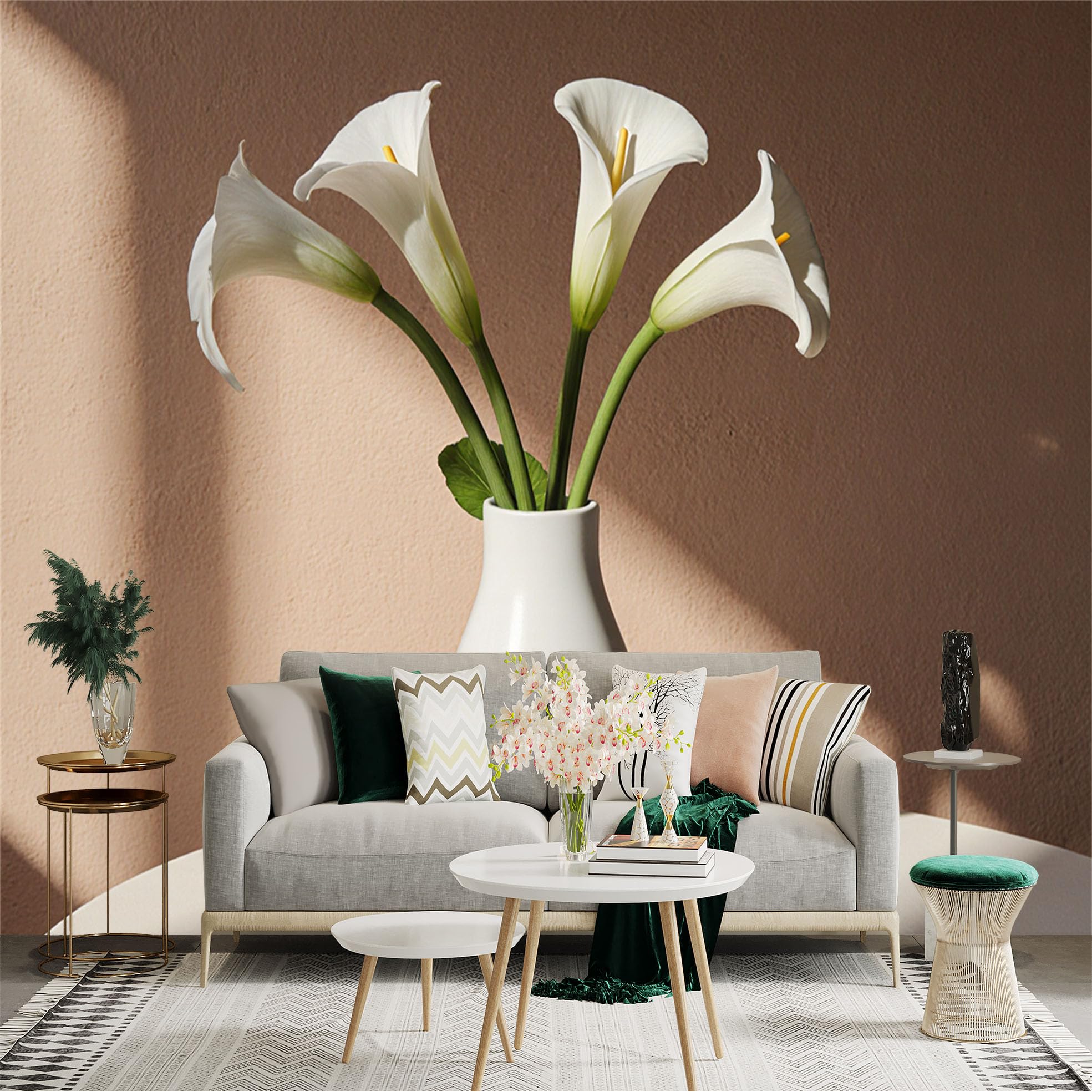 Custom Size Wall Sticker Mural， Elegant White Calla Lilies in Ceramic Vase， Minimalist Botanical Floral Art， for wall Decoration， peelandstick wall Decals.