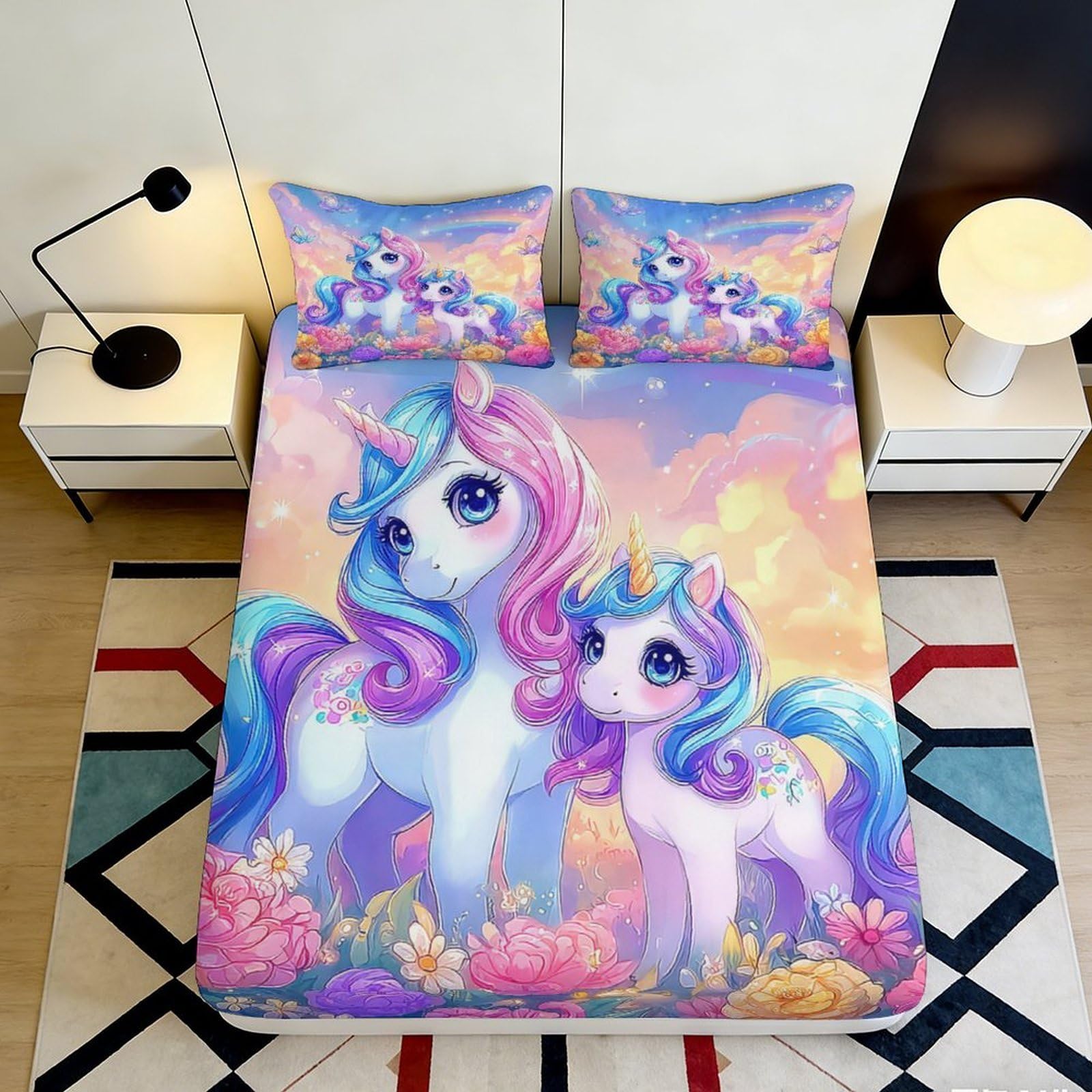 Pnayamiorkfel Style-5 3D Printed Pastel Unicorn Fantasy Fitted Sheet Microfiber Soft Bedroom Decor Dreamy Floral Mattress Cover 90X200x25cm