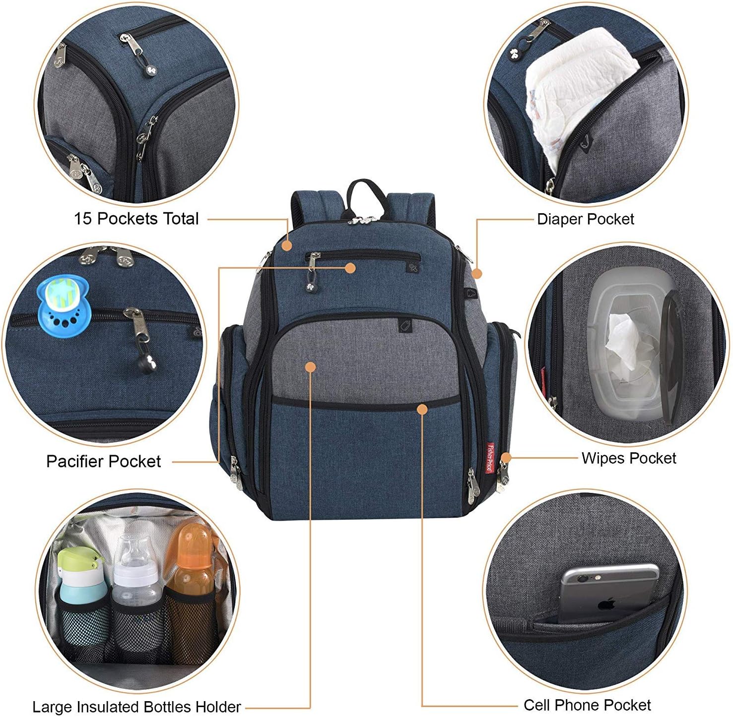 FISHER-PRICE BABY Fastfinder 3 Piece Set Diaper Bag Backpack for Moms & Dads with Changing Pad and Wipes Pocket