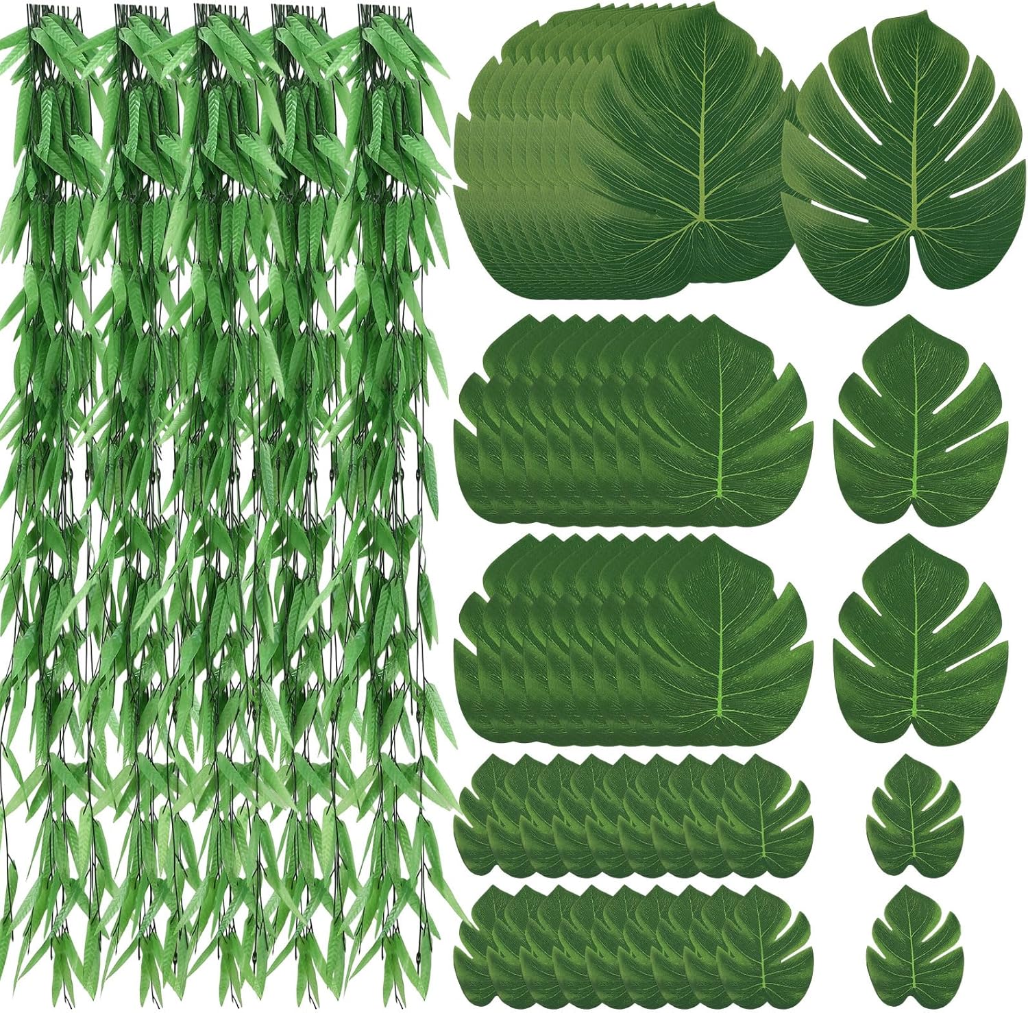 Suncalla 100 Pcs Jungle Theme Party Decoration Set 50 Strands 295 ft Artificial Wicker Rattan Vine 50 Fake Tropical Rainforest Leaves Garland for Safari Indoor Outdoor Forest Garden Animals Vbs Decor