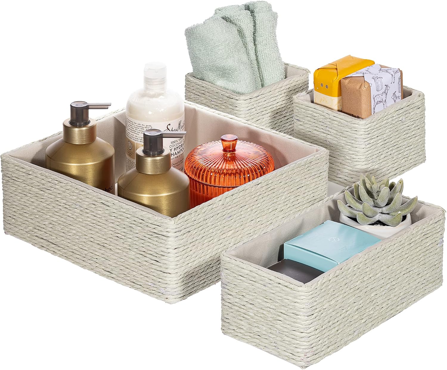 Sorbus Storage Baskets 4-Piece Set - Stackable Woven Basket Paper Rope Bin Boxes for Makeup, Office Supplies, Bedroom, Closet (Gray)