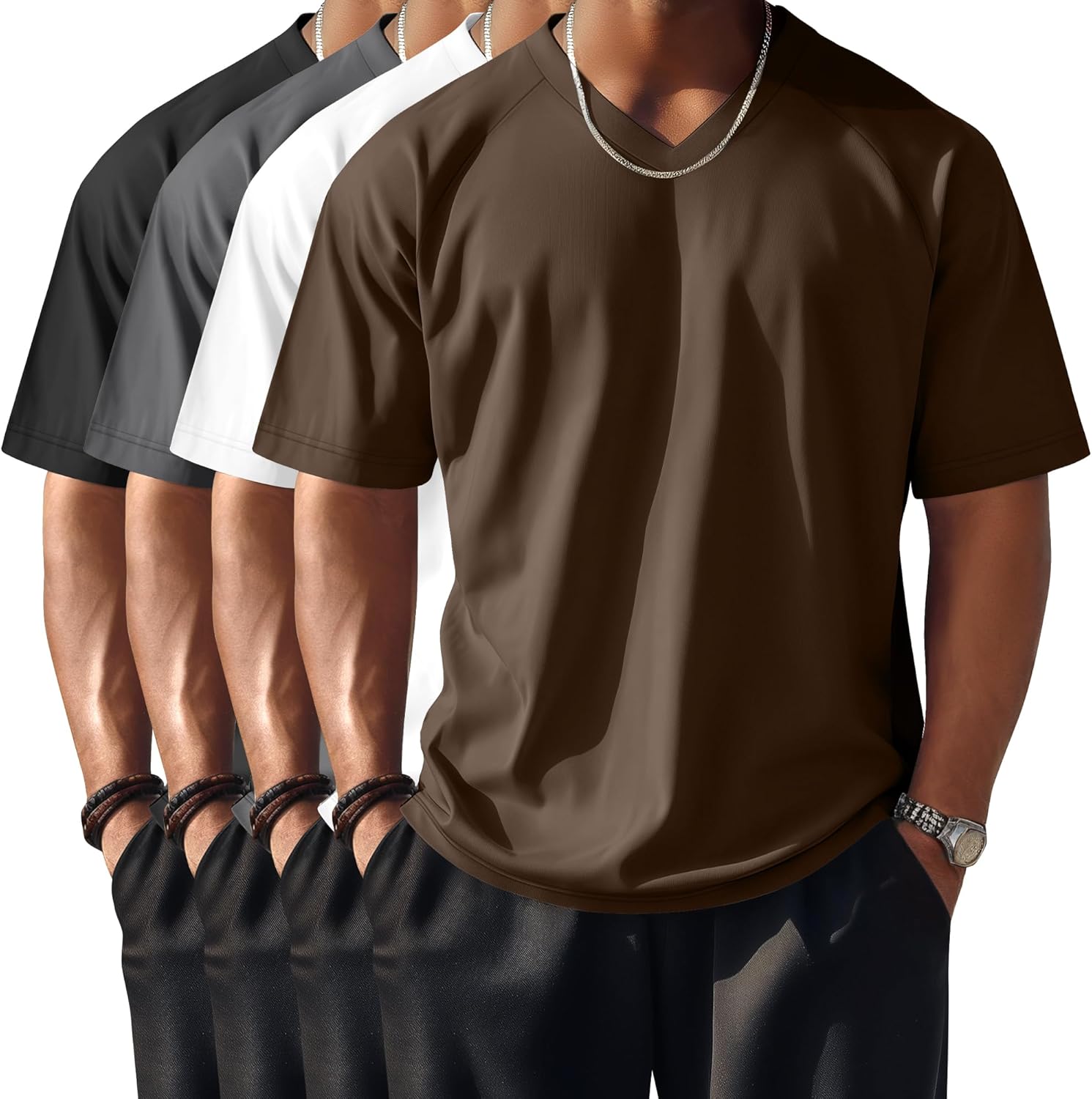 Riyiper 4 Pack Men’s Big and Tall V Neck T-Shirts, Raglan Short Sleeve 30% Cotton Oversized Top Casual Summer Basic Tee