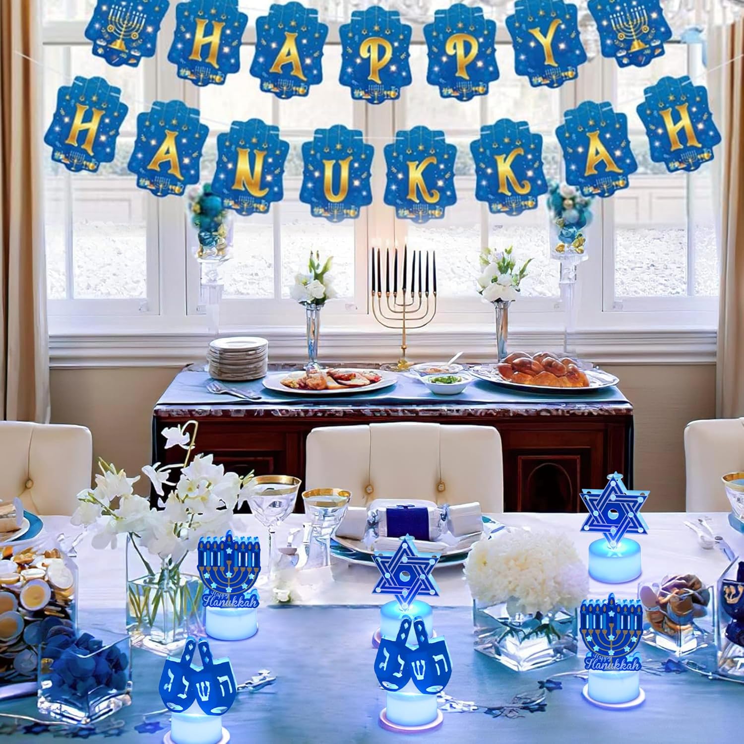 6 PCS Hanukkah Tea Lights Candles Battery Operated LED Flameless Tealight Candles, Blue Star of David Menorah Dreidel Hanukkah Decorations Centerpieces for Home Kitchen Party Decor
