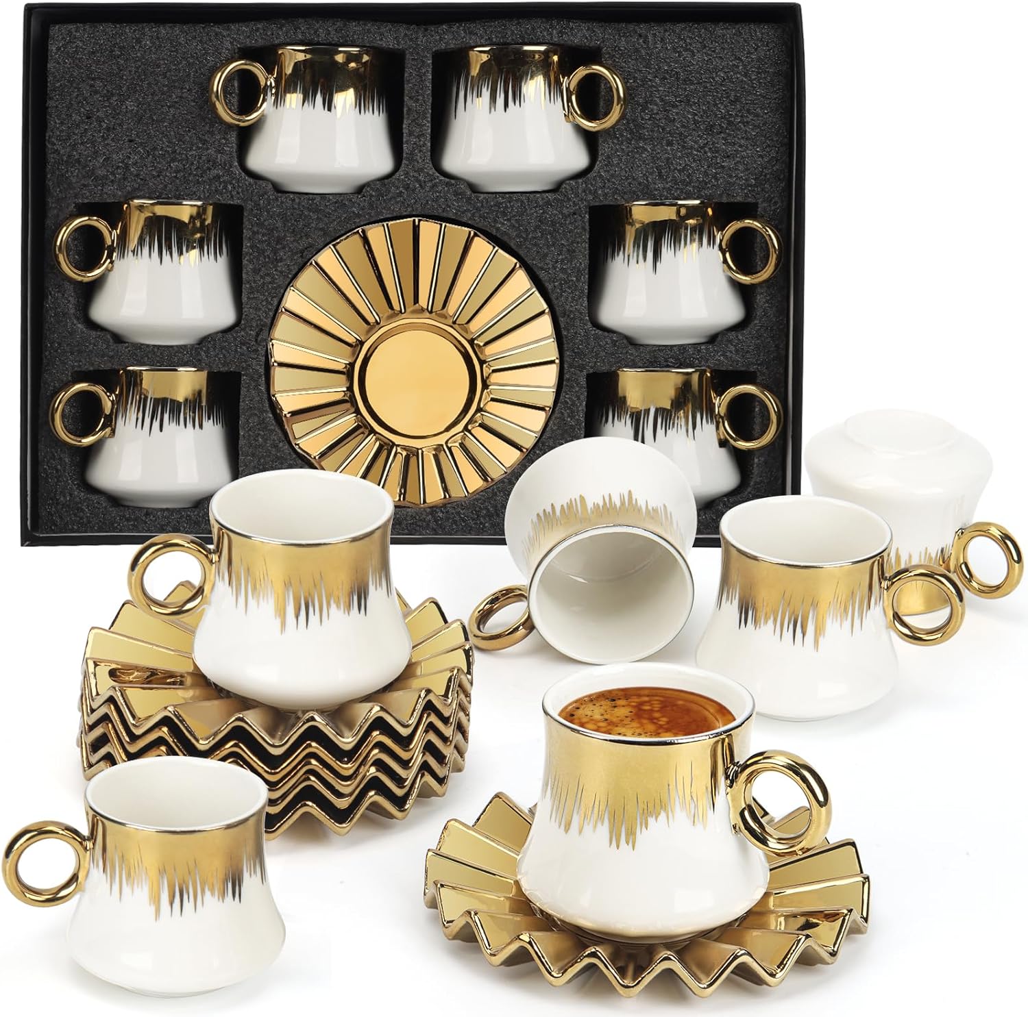 Coffee Cup Set of 6 with Saucers, 3.5 OZ Ceramic Espresso Cups, Deco Gold Trim Coffee Cup Gift for Cappuccino, Latte, Cafe Mocha and Tea, Dishwasher & Microwave Safe (White and Gold)