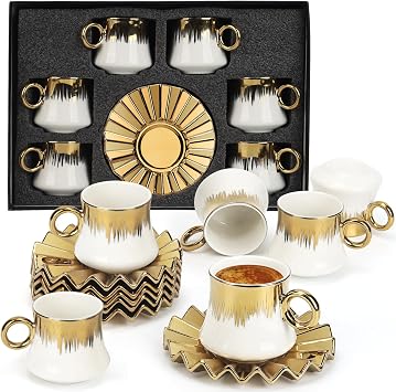 6 People Turkish Coffee Cup & Saucers Set, 3.5 oz Espresso Cappuccino Latte Coffee Cup Set, White & Golden Afternoon Tea|Coffee Service, Microwave|Dishwasher Safe