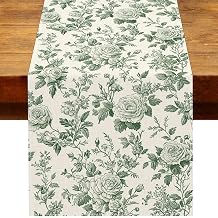 Vintage Green Toile de Jouy Peony Floral Table Runner Chinoiserie Wedding Spring Birthday Party Decoration French Country Home Kitchen Dining Room Table Decor