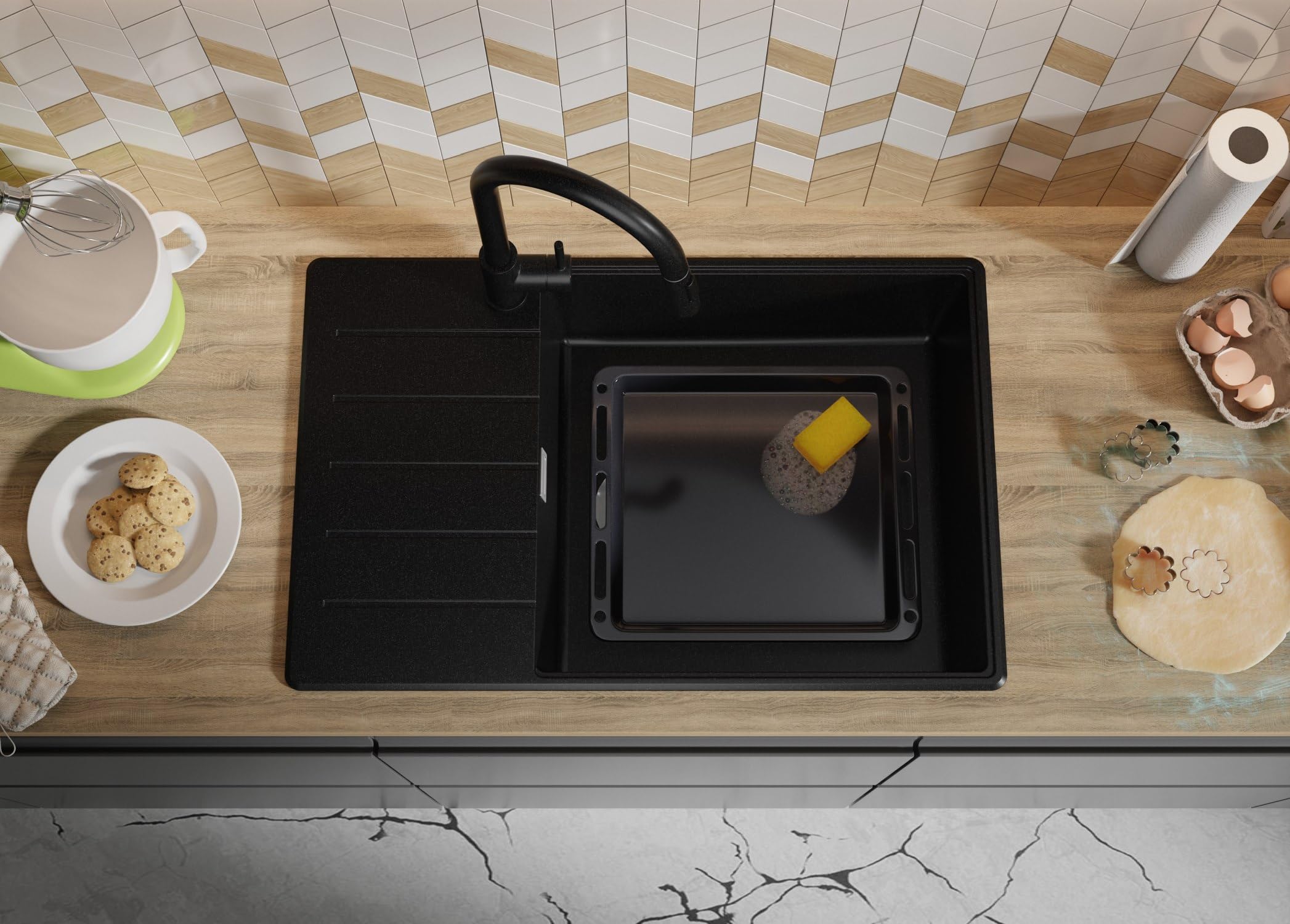 PRIMAGRAN Lavandino da Cucina Nero 78x50cm, Lavello in Granito a 1 vasca + Rubinetto 40x38cm + Set di accessori, Lavabo da Cucina Incasso al Mobile 60cm - Copenhagen Top S613
