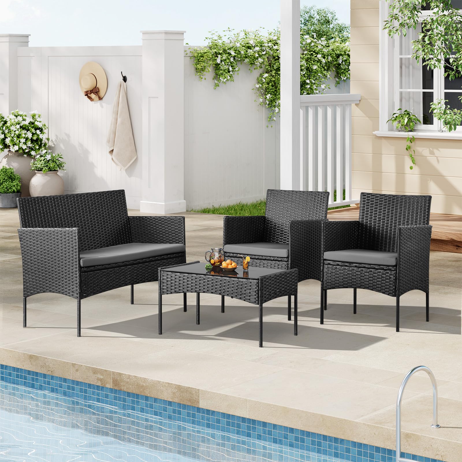 WOLTU Gartenmöbel 4-teilig Set mit 1 Sofa, 2 Sessel, 1 Couchtisch und Kissen Lounge-Möbel Outdoor 2-Sitzer-Bank mit Glas Gartentisch Terrassenmöbel Wetterfest für Garten, Terrassen, Balkon, Schwarz