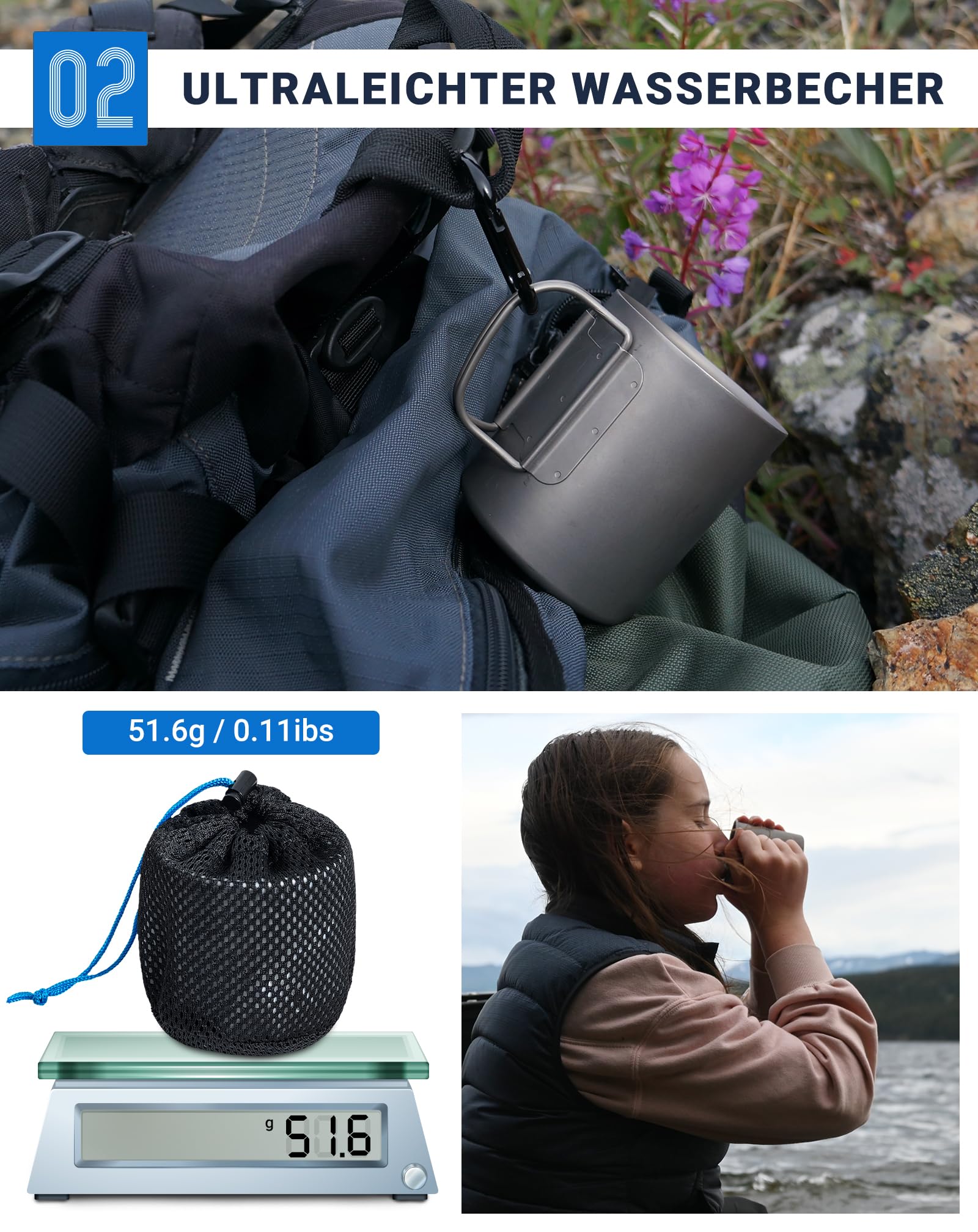 COOK'N'ESCAPE Titan Becher Camping – Ultraleichte Camping Tasse aus Titanium mit Deckel und klappbarem Griff, Aufhängbar, Robust & Hitzebeständig, ideal für Camping, Wandern und Outdoor-Picknick