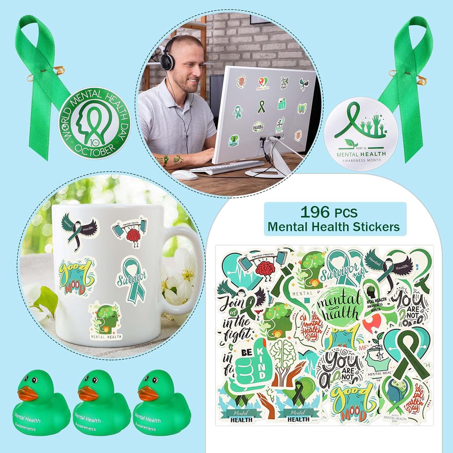 Lincia Mental Health Awareness Items Include Pins Badges Ducks Stress Balls Pens Stickers Wristbands Lanyards Keychains(376 Pcs)