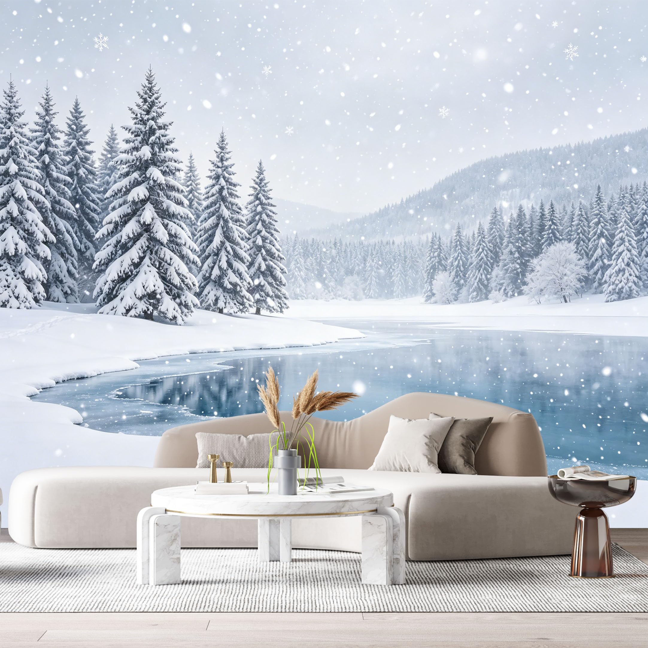 Custom Size Wall Murals Snowy Forest Landscape Frozen Lake Winter Pine Trees SelfAdhesive Wall Fabric Removable Large Wallpaper for Photo Living Room