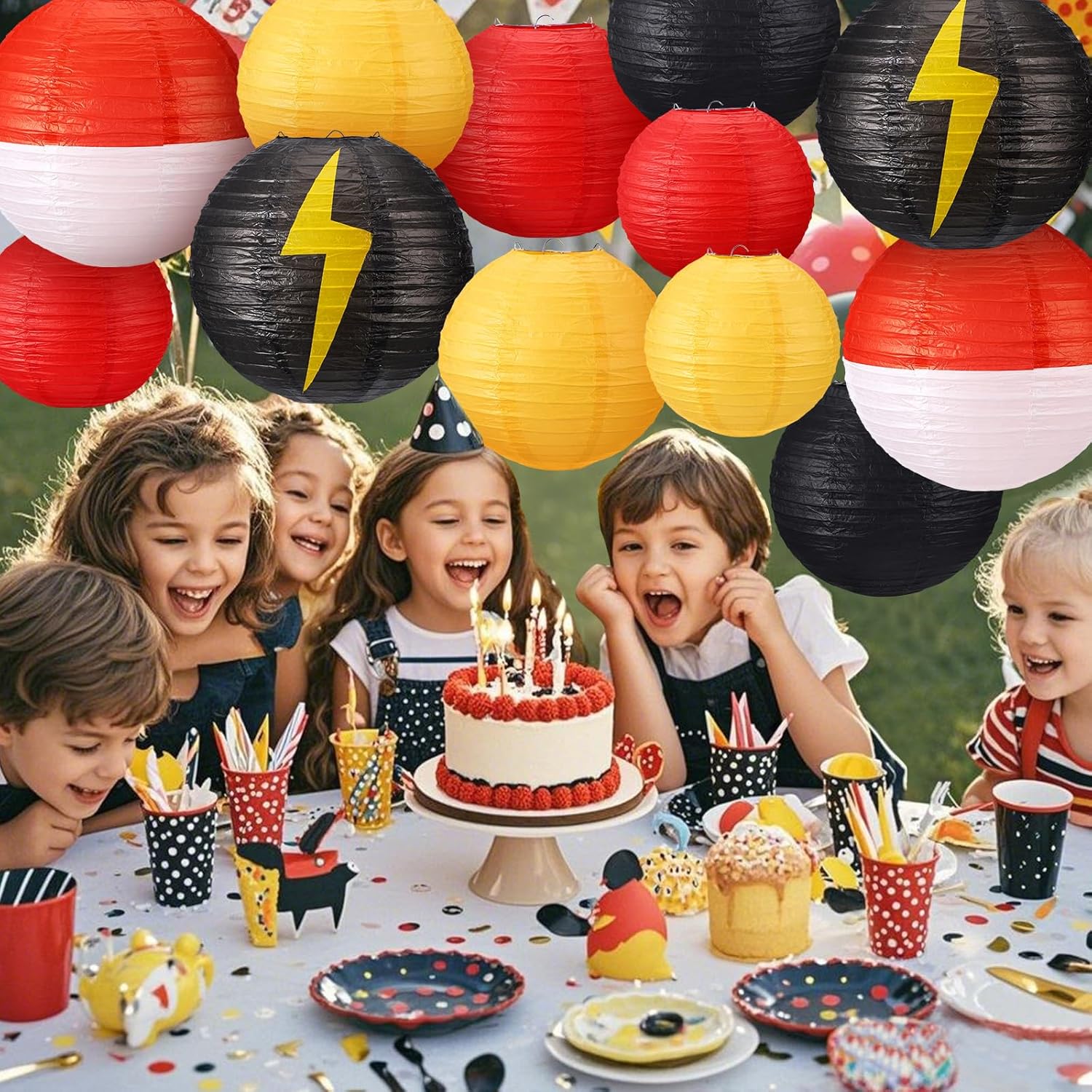 Weysat 12 Pcs Cartoon Ball Animation Themed Hanging Paper Lanterns Cartoon Game Anime Themed Red Black Yellow and White Round Lantern Decorations for Birthday Party Shower Classroom Home Decor