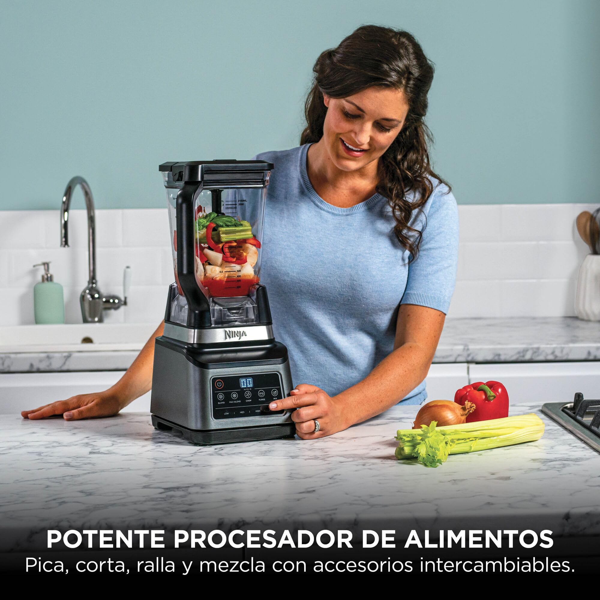 Ninja Procesador de alimentos 3 en 1, 1200 W, batidora multifunción, 5 programas automáticos, bol 1,8 l, jarra 2,1 l, vaso 700 ml, tecnología Auto-iQ, piezas aptas para lavavajillas, Negro, BN800EU