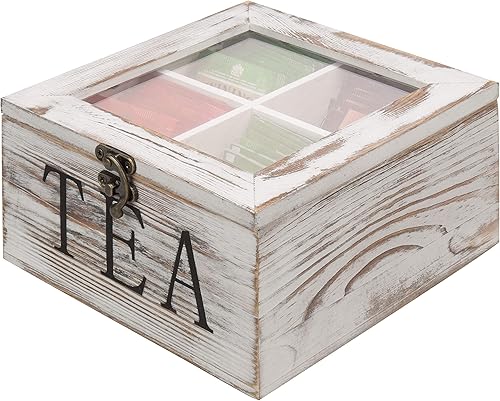 Miniatura 4 de MyGift Caja de almacenamiento de té rústica de madera encalada con 4 compartimentos organizador de bolsas de té con tapa acrílica transparente y
