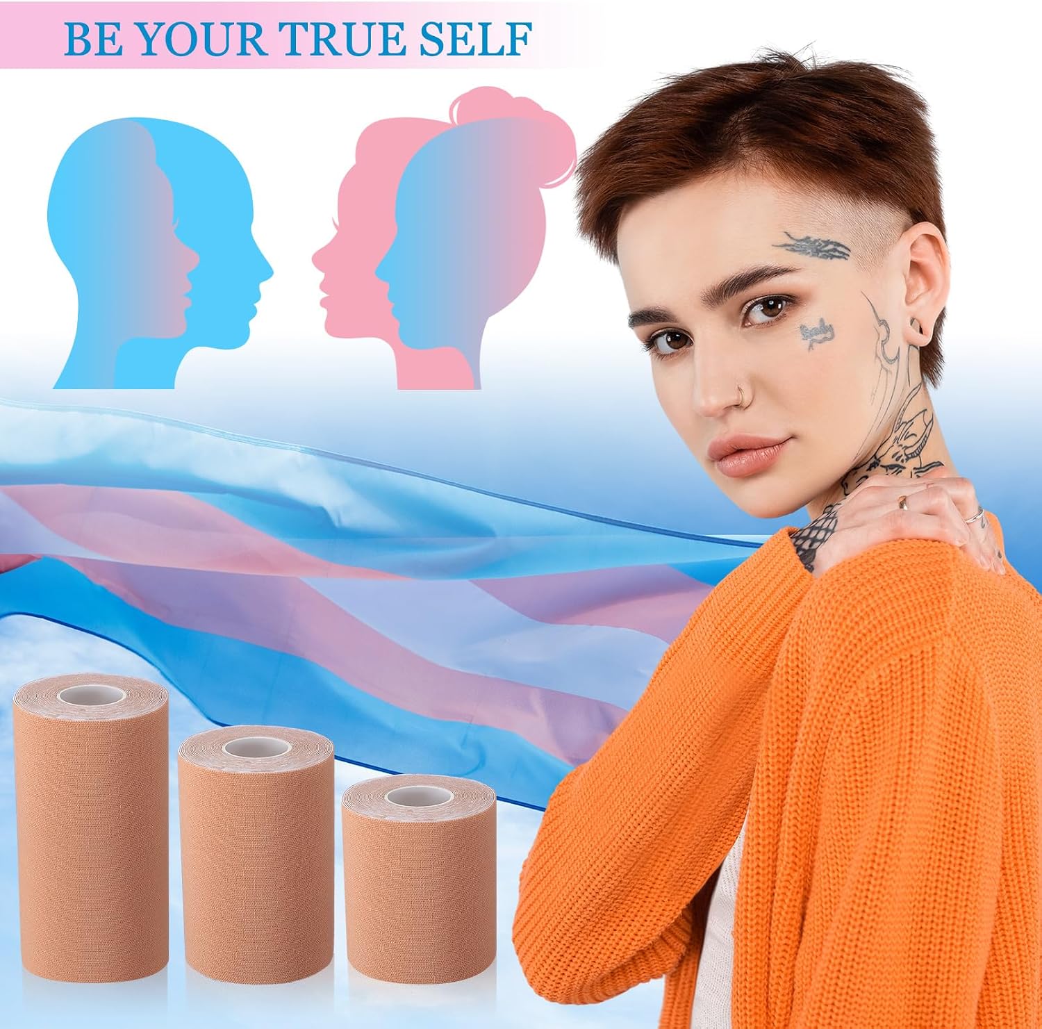 Geiserailie 3 Rolls Back Fat Tummy Lift Tape Assorted Size Thigh Lift Patch Trans Tape for Chest Binding Waterproof Body Patch for Flat Stomach Belly Leg Arm Backless Dresses