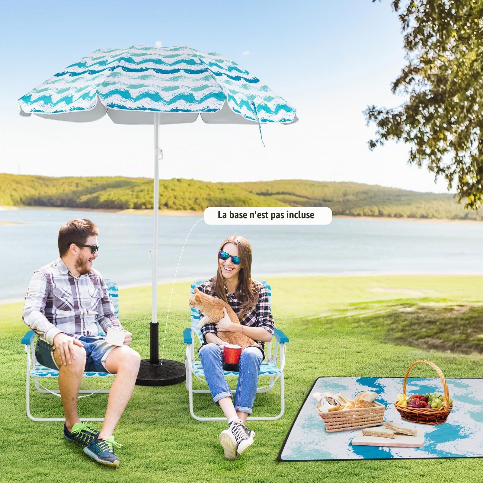 KOMFOTTEU Ensemble Plage, 2 Fauteils, 1 Tapis, 1 Parasol de φ 175cm, Bleu | Set de 4 Chaise Pliable, Charge 150KG, Parasol Inclinable Réglable à 30° avec Sac de Rangement, Tapis de Plage