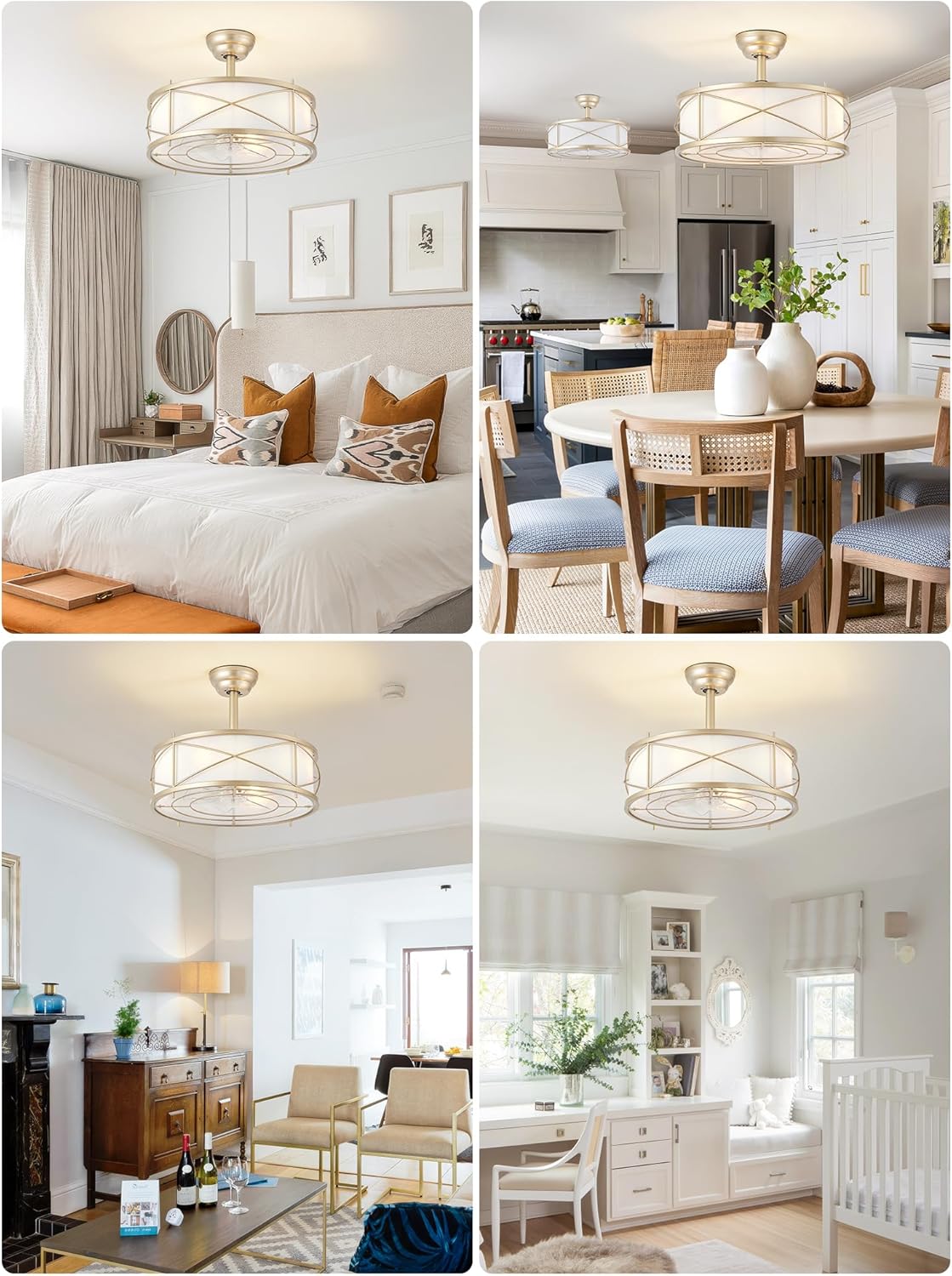 Gold Boho Fandelier Ceiling Fan with Light, 20" Gold Chandelier Ceiling Fans with Lights and Remote, Caged Boho Rattan with 6 Speeds for Living Room, Bedroom, Nursery