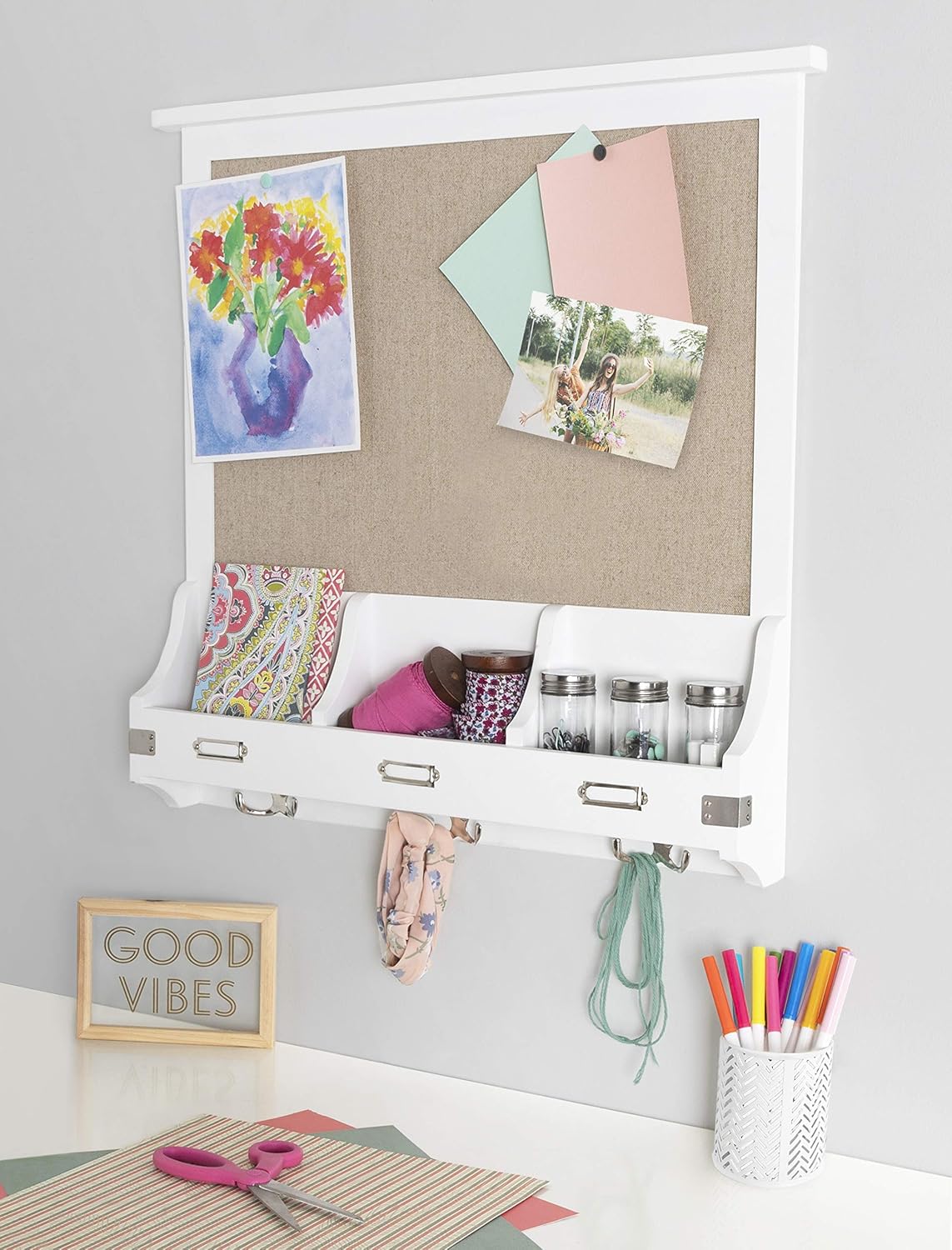 Kate and Laurel Stallard Wood Framed Wall Organizer with Fabric Pinboard, 24 x 24, White, Decorative Organizer with 3 Hooks and 3 Wooden Pockets