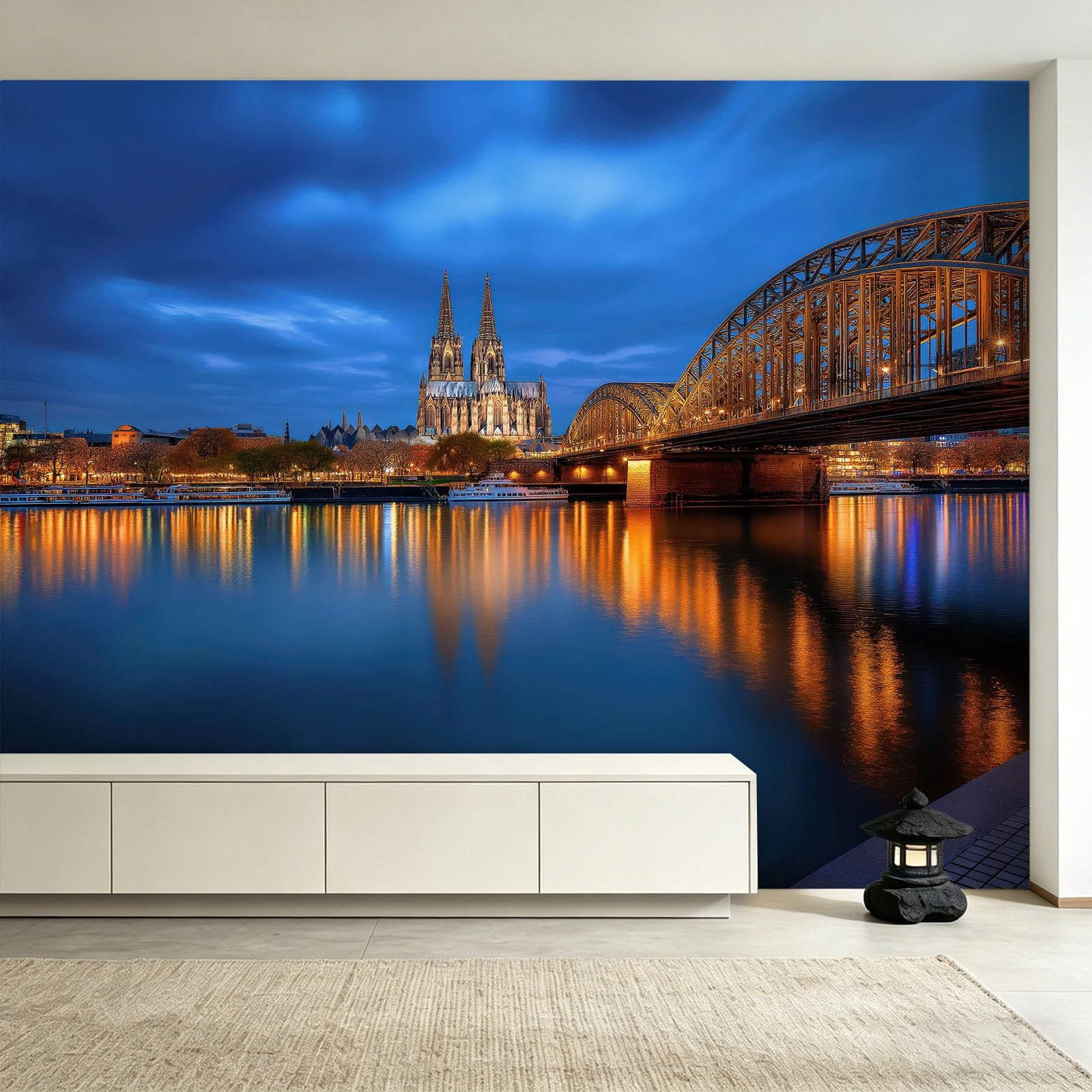 Genérico 3D Papel pintado Ciudad Puente Río 150x105cm - Papel pintado panorámico mural - Póster nocturno urbano Skyline - Decoración para sala de estar, dormitorio, cocina y baño