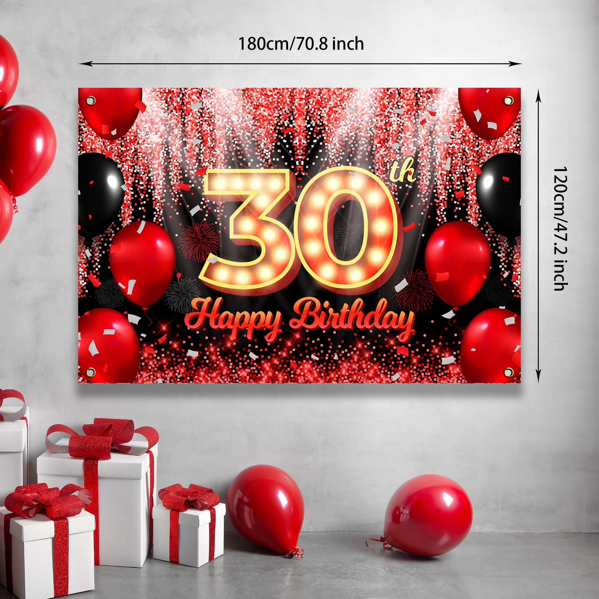 Pancarta de fondo de feliz 30 cumpleaños, fondo temático negro y rojo con neón brillante, fiesta de cumpleaños, fotografía, fondo para hombres y mujeres, celebración, 71 x 47.2 pulgadas BECKTEN