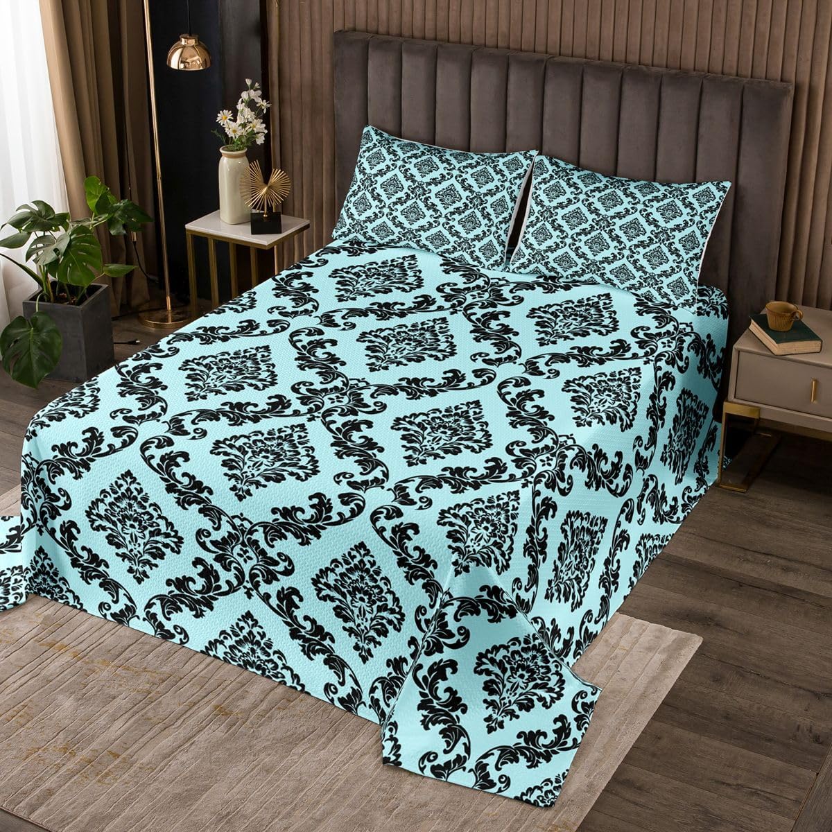 Castle Fairy Damask Floral Quilt Sets Twin Size,Vintage Victoria Bedspread Coverlet 2Pcs for Kids Girls Boys Room Decor,Gothic Flower Leaves Grid Quilts Set Bright Blue Bedding Comforter,1 Pillowcase