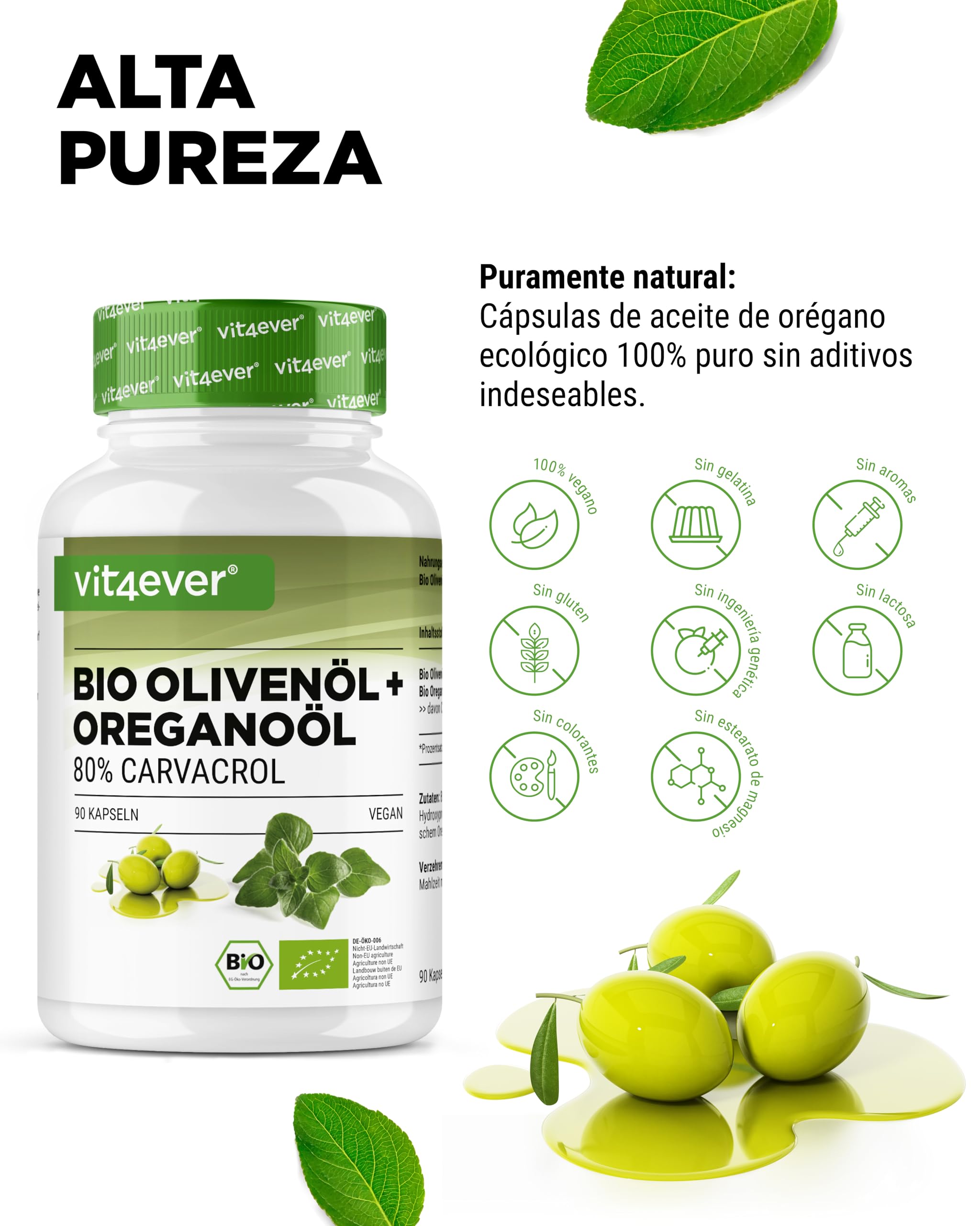 Aceite de orégano ecológico y carvacrol 80 mg - 90 cápsulas con aceite de oliva virgen de cultivo controlado - Orégano griego alta dosis - Vegano