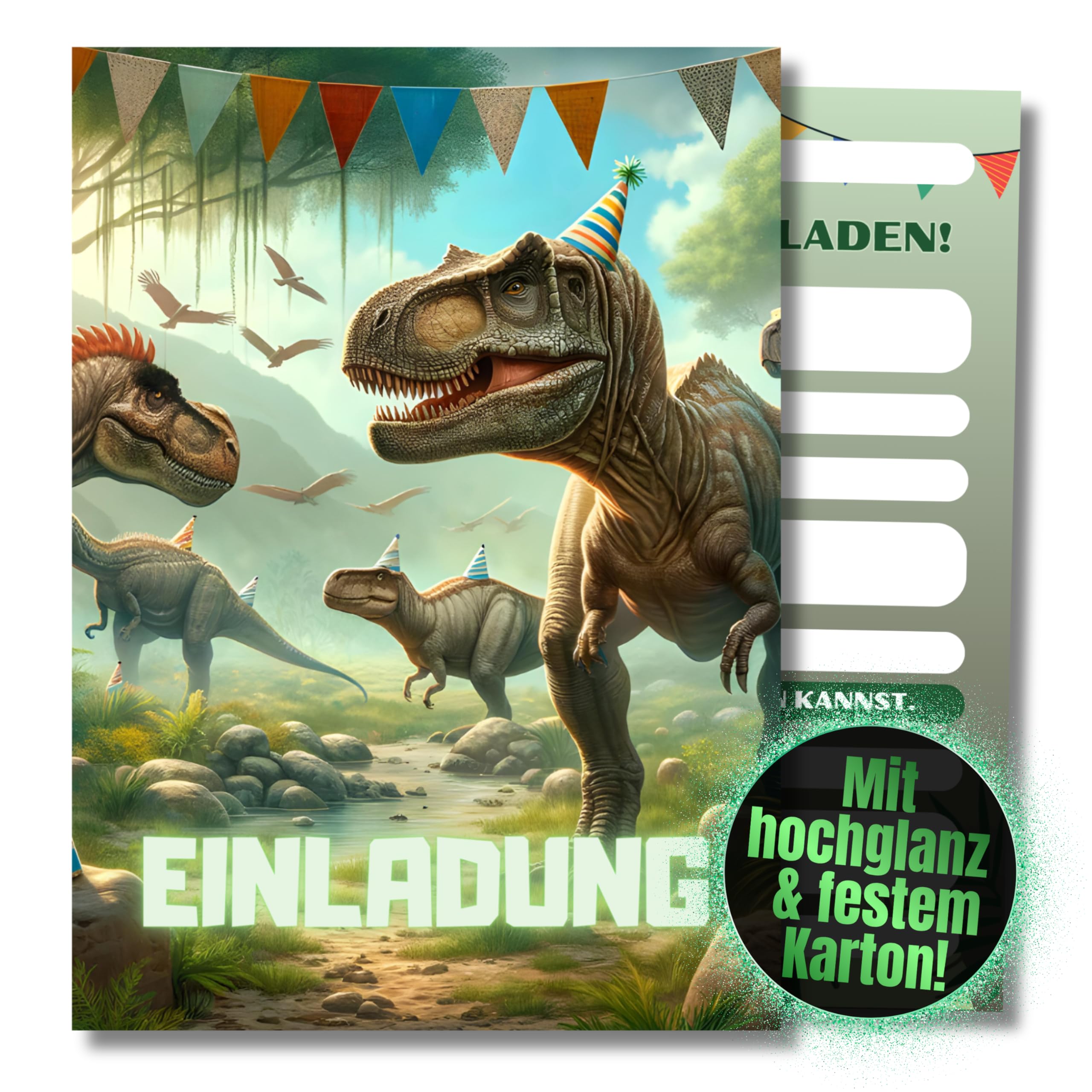 HIDEBLOOM Dino Einladungskarten Kindergeburtstag Junge - 12 Stück - DIN A6 (10,5 cm x 14,8 cm) - Einladung Geburtstag - Geburtstagseinladungen Dinosaurier