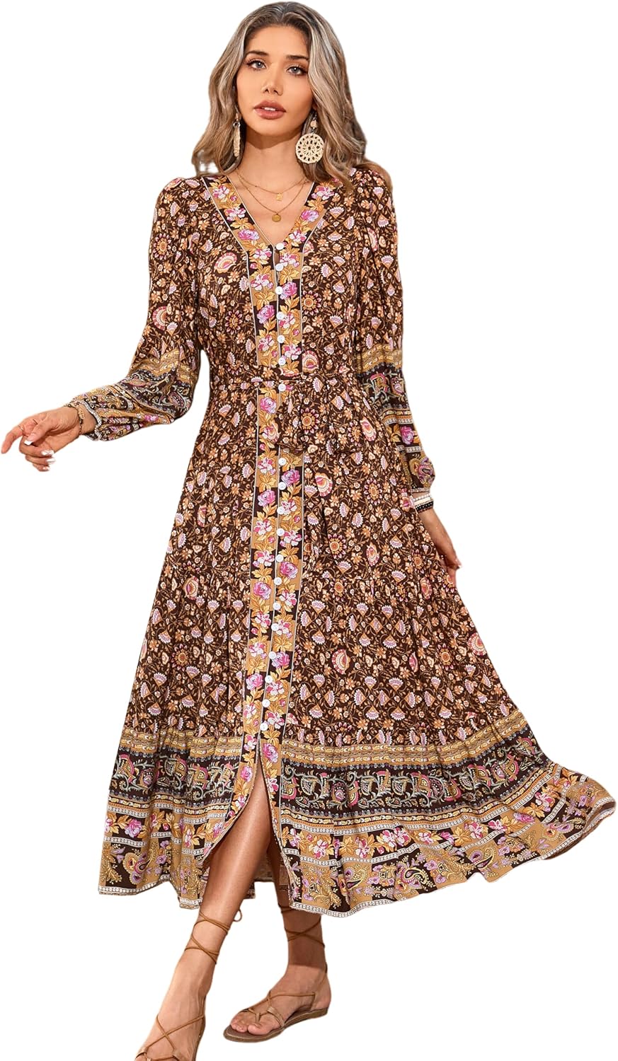 RVivimos Women’s Long Sleeve Boho Midi Dress V Neck Floral ;print Casual Button Down Loose Ruffle Beach Long Dress with Belt