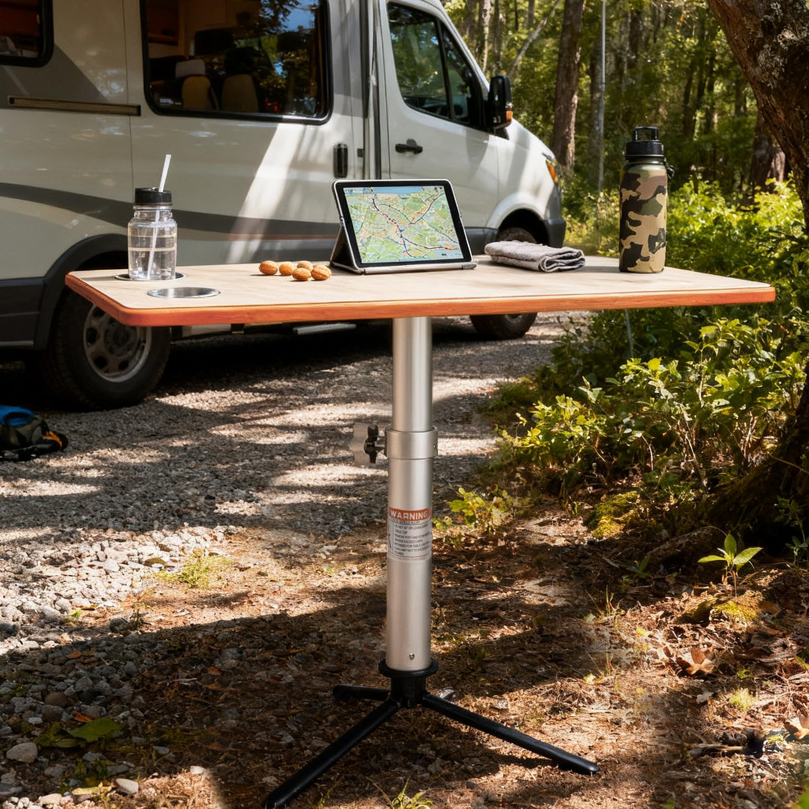 Mesa RV de doble base, sistema con patas de aluminio y base de trípode, mesa extraíble de 31.5 x 15.8 pulgadas con 2 portavasos para cámper, barco, pontón, remolque de viaje (uso en