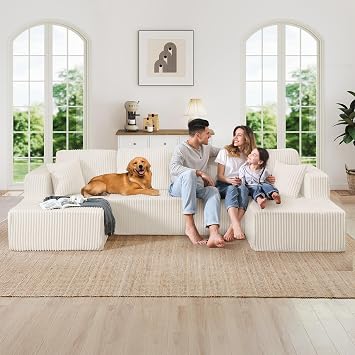 132.48" Oversized Modular Sectional Sofa, Plush Corduroy Beige Couch Soft Upholstered Comfy Cloud Couch for Living Room, U Shaped Deep Seat Sleeper Sofa Bed Set No Assembly Beige