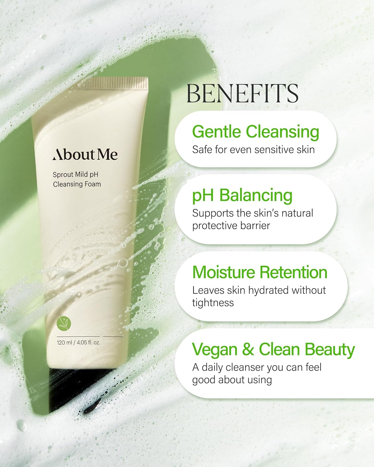 About Me Sprout Mild pH Cleansing Foam – Korean Wheat Broccoli Sprout Extract Face Wash for All Skin Types – Daily Gentle Cleansing with Amino Acids – Korean Skin Care – 4.05oz, 120ml - Image 2