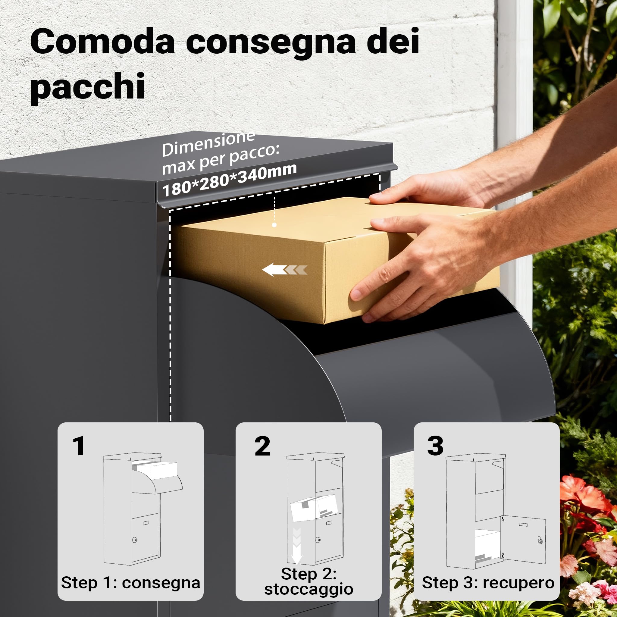 Wiltec Cassetta per pacchi antracite 410 x 220 x 750 mm, Cassetta per pacchi domestica, ricezione pacchi privata adatta per pacchi e pacchetti, Cassetta postale da terra in acciaio