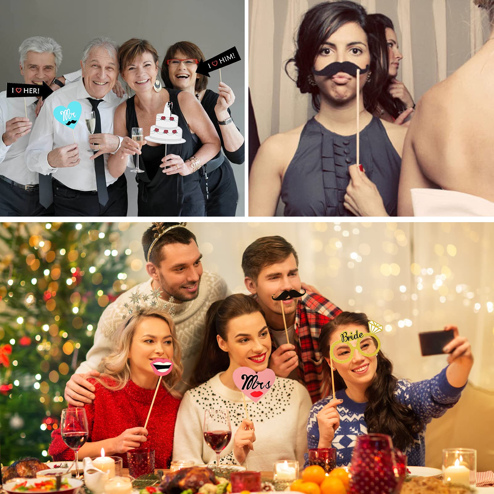 Kit Accessoires Photobooth Mariage Konsait - 52 Pièces Avec Supports Bois | Déguisements Et Décorations Pour Fête