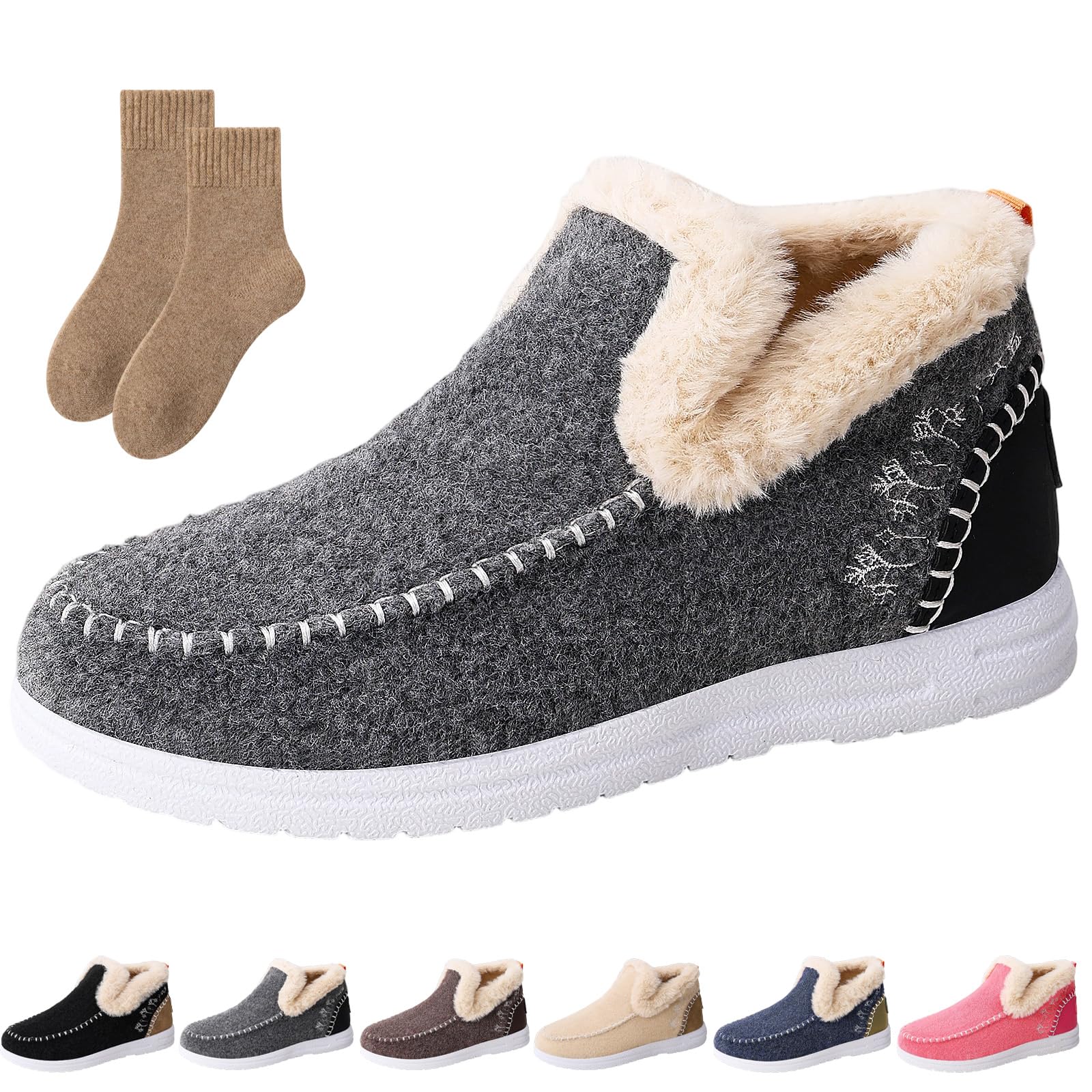 Cozy Orthopedic Fleece Slip-On Boots Winter Warm Plush Lined Ankle Boots with Arch Support Non Slip Indoor Outdoor