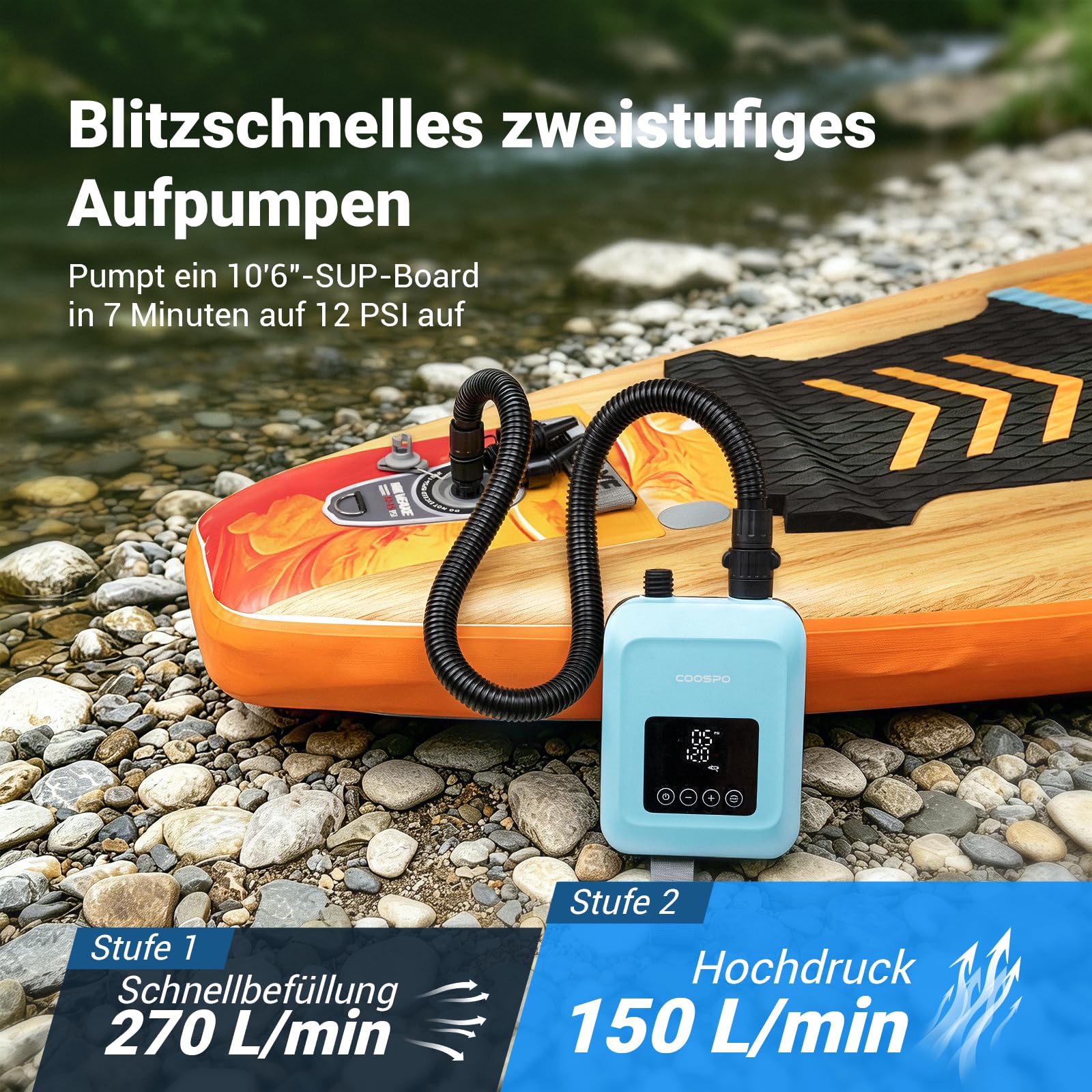 CooSpo Elektrische SUP-Luftpumpe, 20 PSI Hochdruck-Elektropumpe, mit wiederaufladbarem Akku (59,2/44.4 Wh), geräuscharm, Zwei Aufpumpmodi für Kajaks und Paddleboards