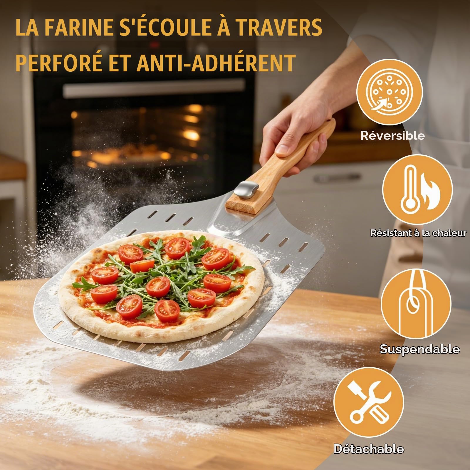 Lot de 4 ustensiles de four à pizza, pelle à pizza de 30,5 cm avec poignée pliable, grattoir à pâte avec échelle de mesure, roue à pizza et pelle à tranche, pour cuire, trancher et servir pour les