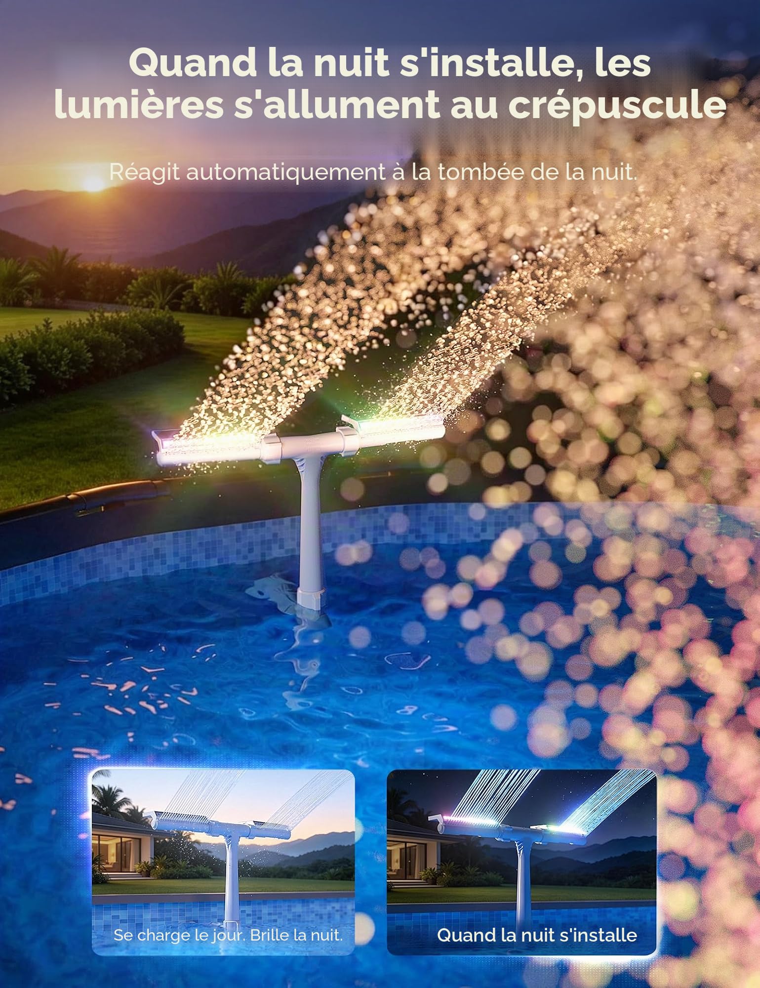 POOLHACKER Fontaine de piscine solaire avec éclairage LED 10 couleurs, design nouvellement affiné, capteur crépusculaire automatique et minuterie, télécommande, jet réglable à double tête pour