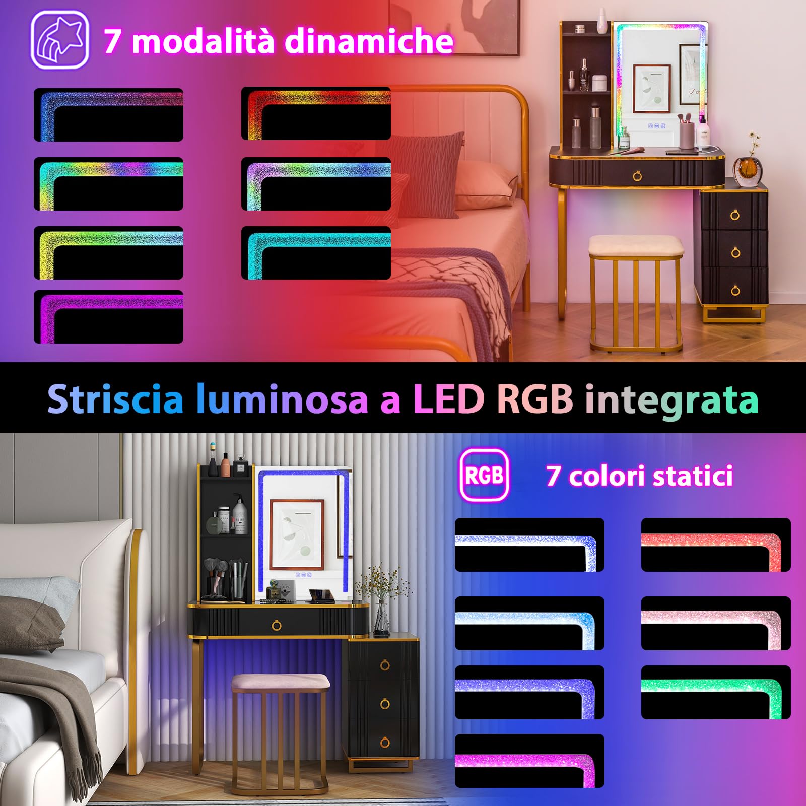 COSTWAY Toeletta da Trucco con Luci, Set Tavolo da Trucco con Sgabello 4 Cassetti, 7 Colori Regolabili di Luce, Porte USB, Telecomando, per Soggiorno Camera da Letto (Nero)