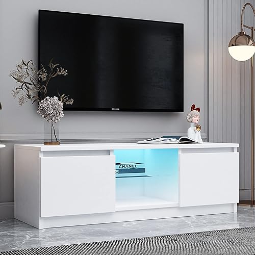 Voohek Soporte de TV con luces LED gabinete moderno con cajones de almacenamiento sala de estar consola multimedia centro de entretenimiento color