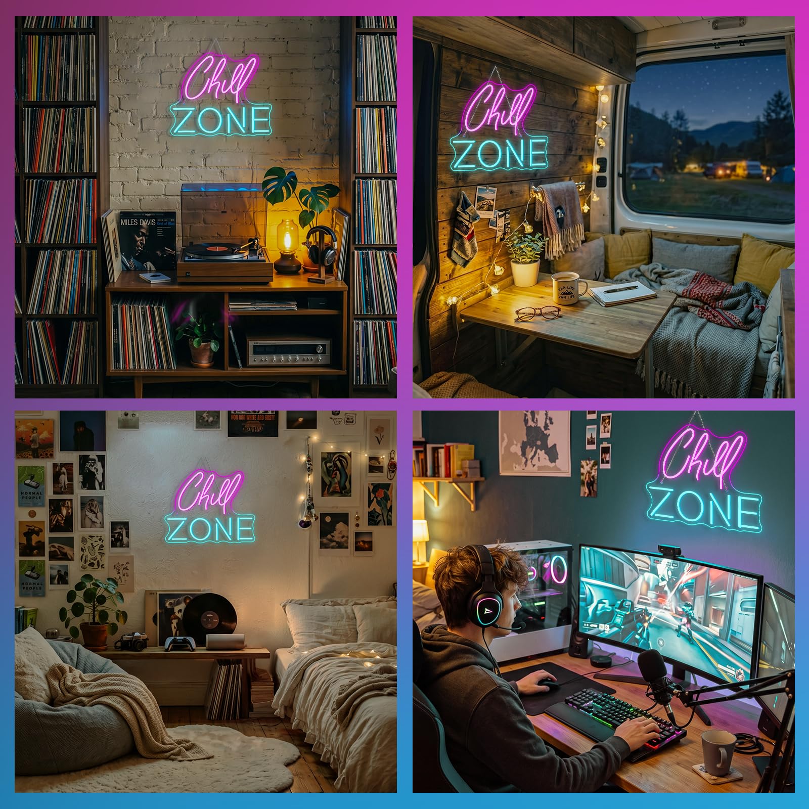 Chill Zone – Panneau lumineux à DEL pour salon, salle de jeux, bar, grotte d'homme, chambre à coucher, décoration murale alimentée par USB, 39 x 32 cm (rose + bleu glacier)