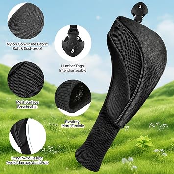 3pcs/Set Golf Club Head Covers, Long Neck Knitted Driver Hybrid Fairway Wood Headcovers with Interchangeable Dial No.Tag (2 3 4 5 6 7 X), Light & Durable, Fit for Most Clubs -Black