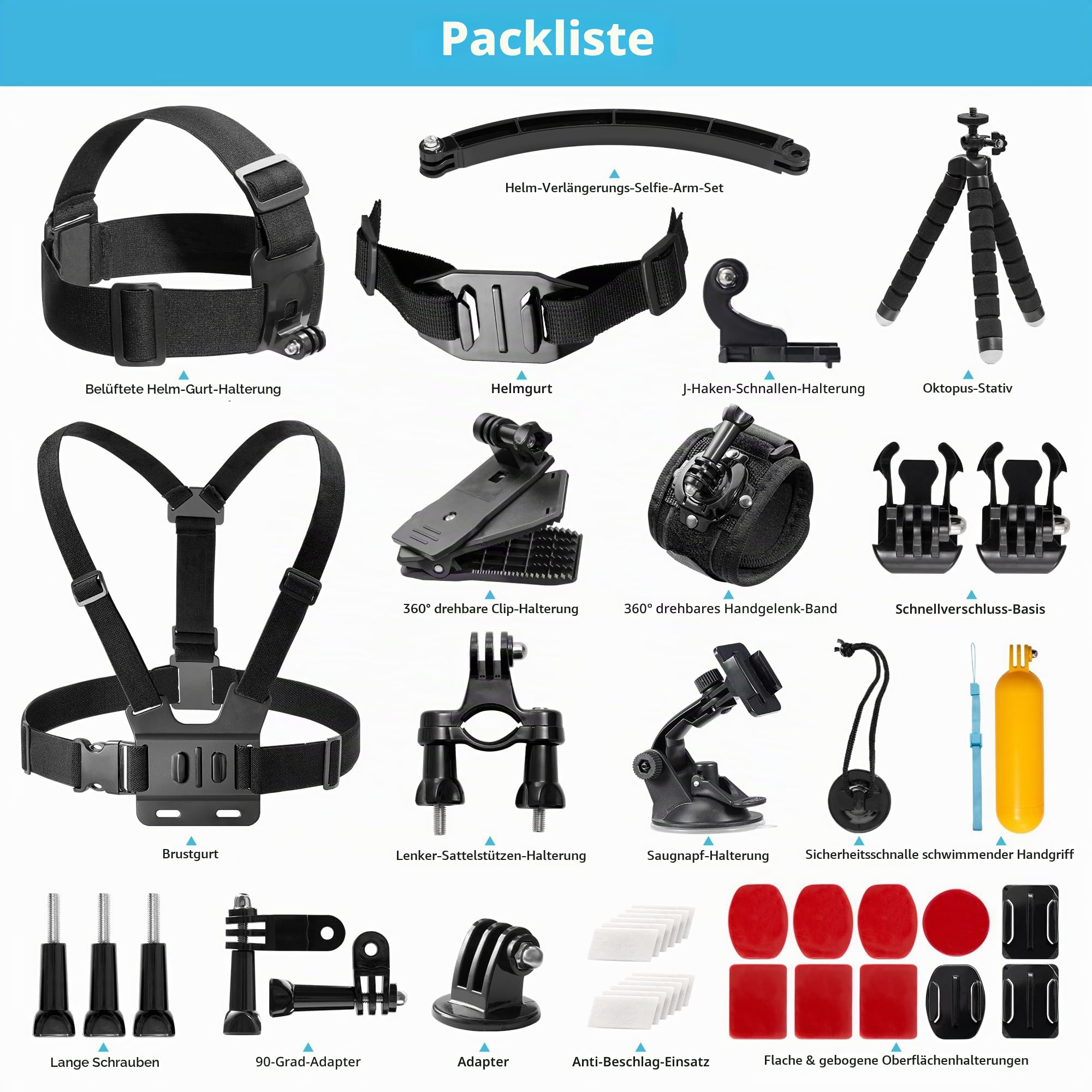 AKASO 42 in 1 Action Cam Zubehörset mit Sammeltasche, kompatibel mit EK7000/EK7000 Pro/Brave 4/Brave 4 Pro/Brave 7 LE/Brave 7/V50X/V50 Pro/V50 Elite/GoPro/DJI/Action Kamera