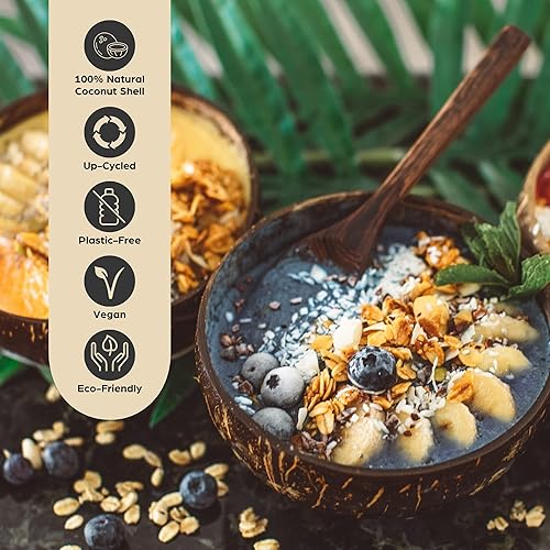 Miniatura 2 de purpleclay Juego de 2 cuencos de coco y cucharas de madera, naturales, hechos a mano, aptos para veganos, ensalada, batido o Buda y utensilios de