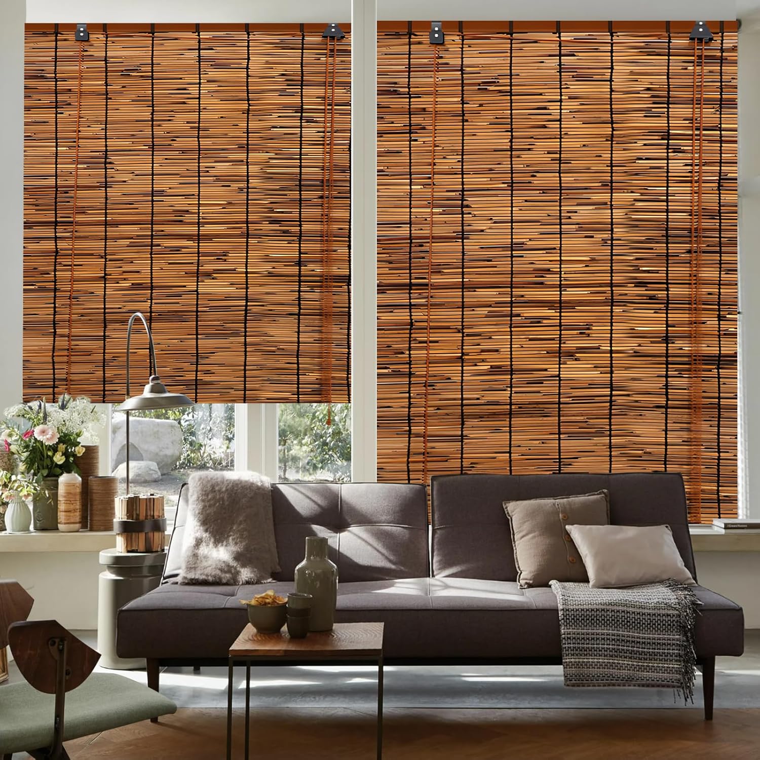 2 Pack Bamboo Reed Roll-Up Blind Shades for Windows, 47" W x 71" H Bamboo Shade Outdoor Patio, Natural Reed Roller Shutters for Porch Pergola Partition Decoration Privacy Retro Curtains