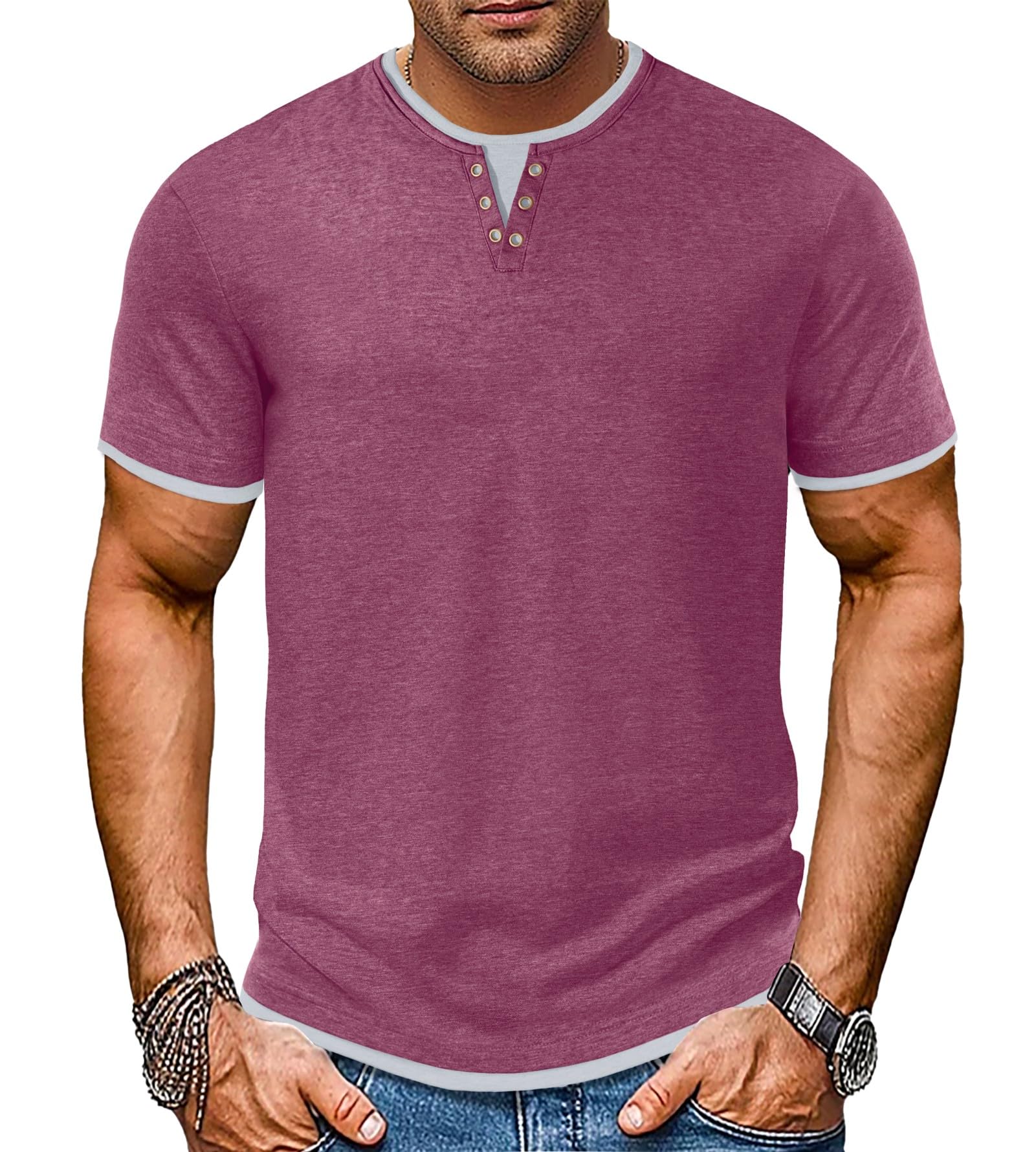 Men's Henley T-Shirt Short Sleeve Casual Lightweight Pullover Shirts Soft Stretch Basic Tees V Neck Metal Design Tops