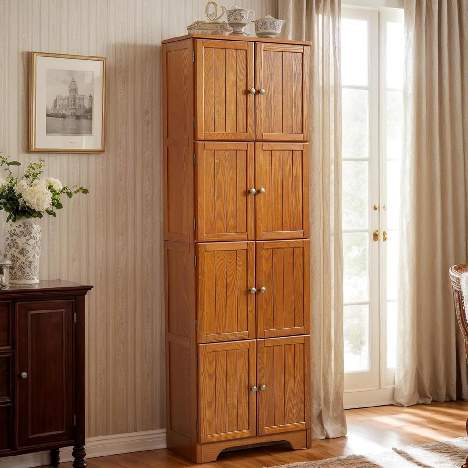 72" Tall Farmhouse Storage Cabinet, 4 Tier Kitchen Pantry Cabinet with 4 Shelves & 8 Doors, Freestanding Floor Storage Cabinet Wooden Organizer Bookcase for Living Room, Kitchen (Oak)